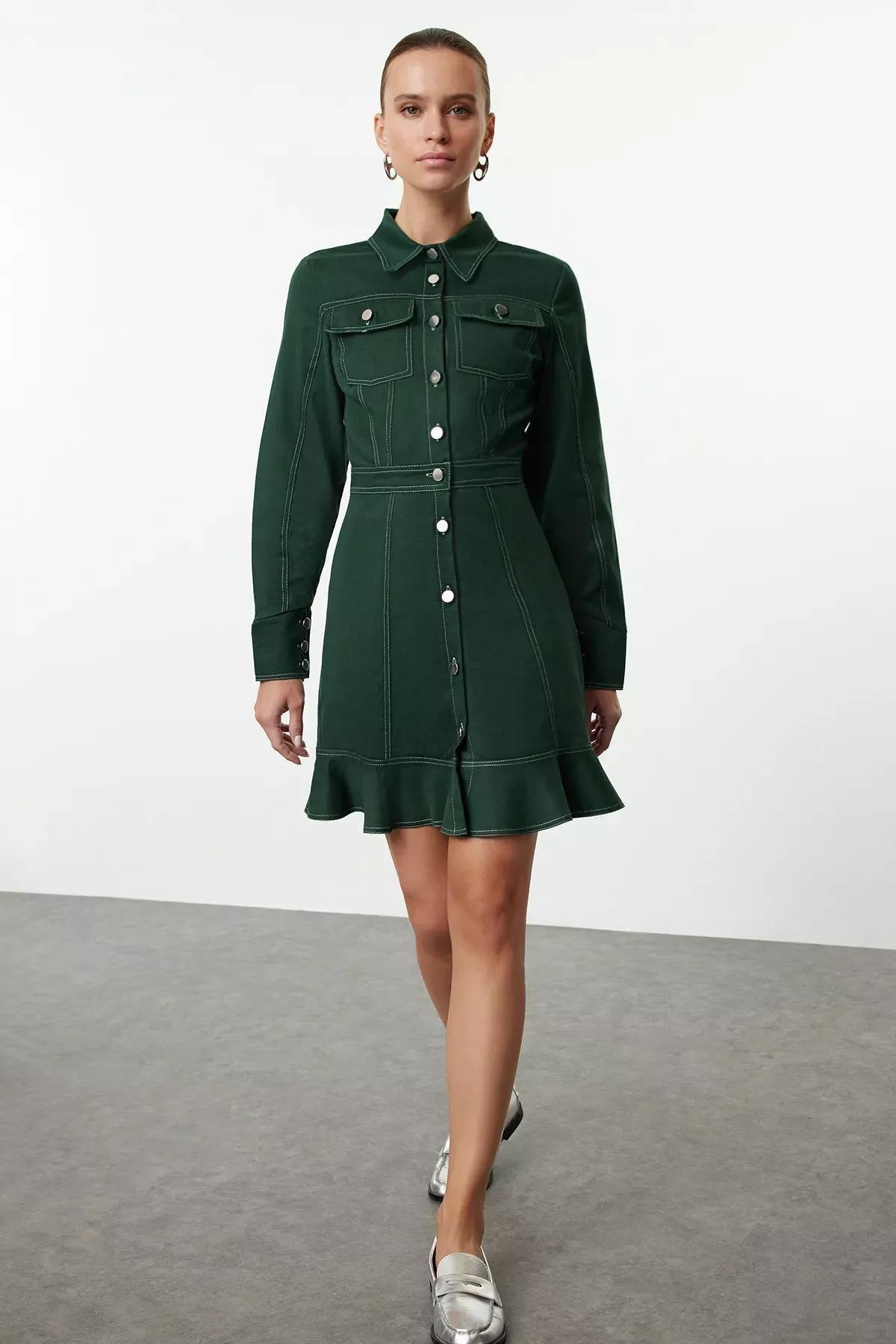 Khaki Detailed Mini Woven Shirt Dress, , large image number 0