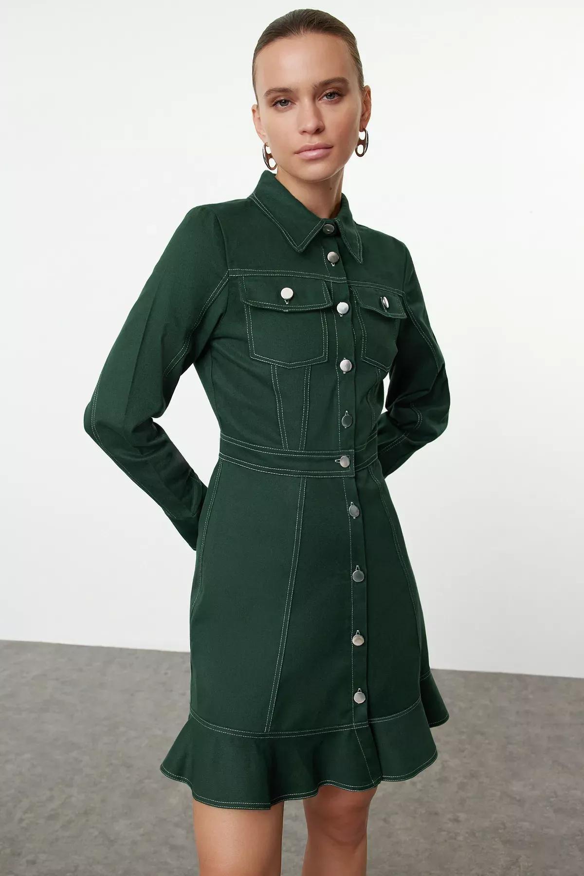 Khaki Detailed Mini Woven Shirt Dress, , large image number 1