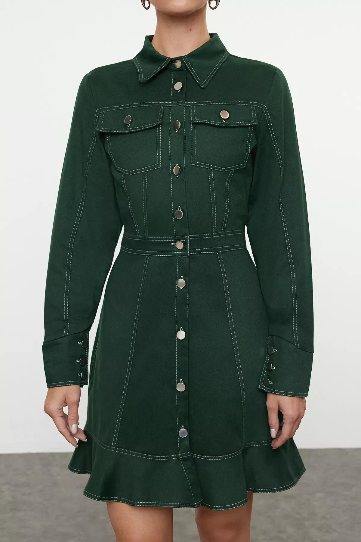 Khaki Detailed Mini Woven Shirt Dress, , large image number 2