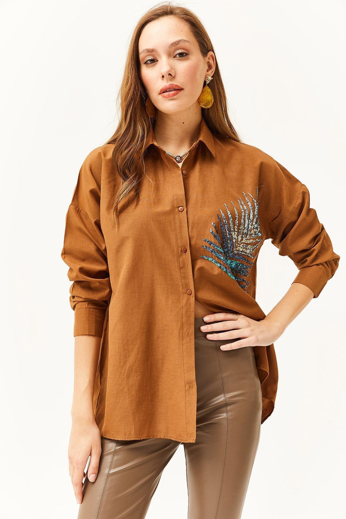 Brown Sequin Detailed Oversized Poplin Shirt, , large image number 2