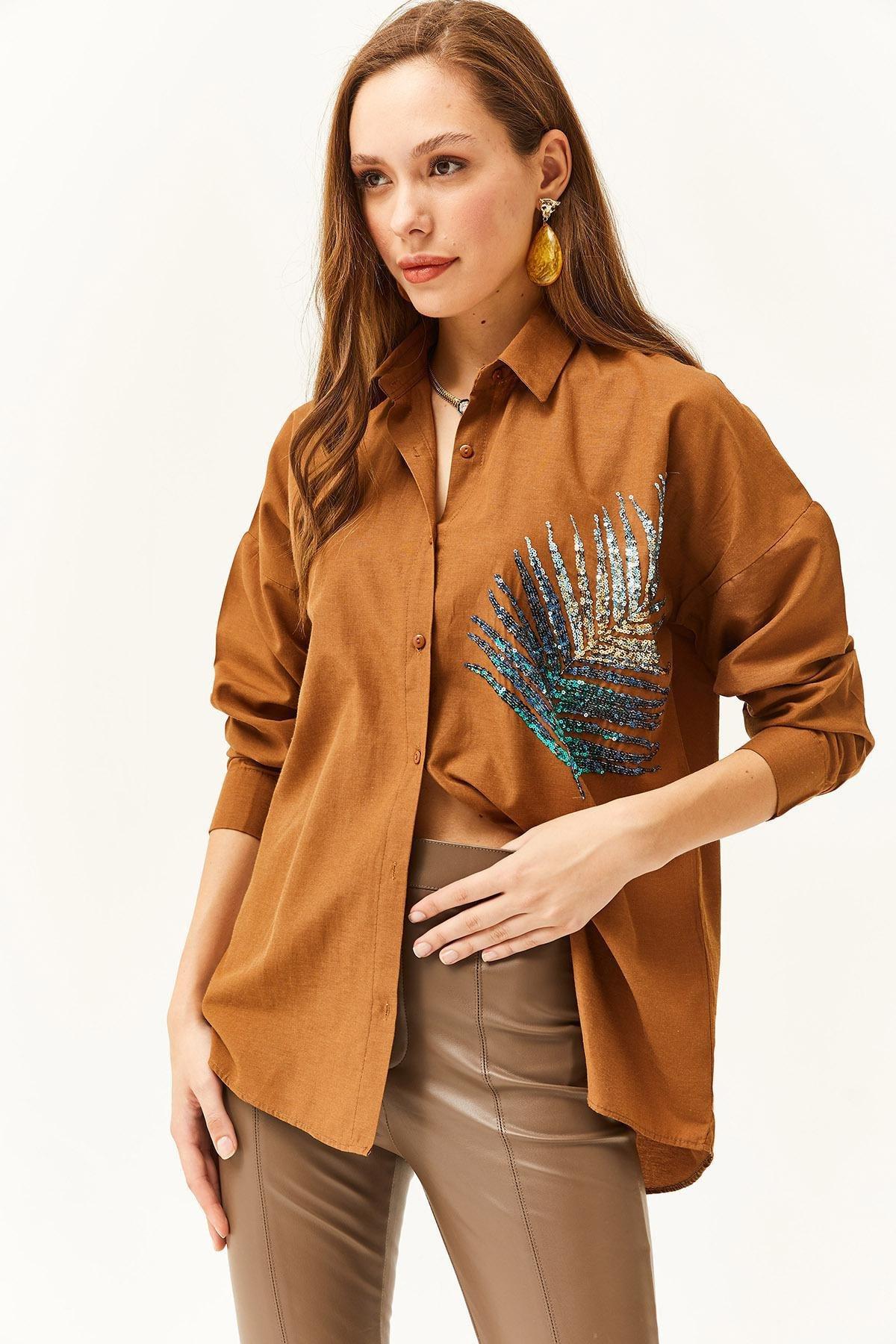 Brown Sequin Detailed Oversized Poplin Shirt, , large image number 3