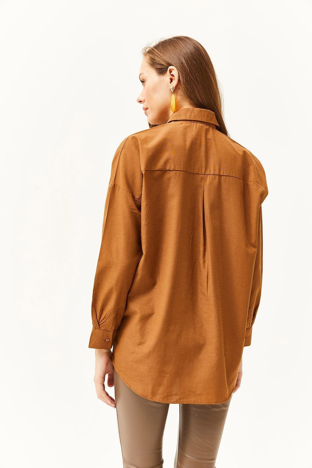 Brown Sequin Detailed Oversized Poplin Shirt, , large image number 4