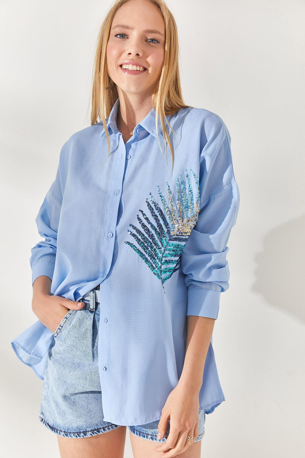Blue Palm Sequin Poplin Shirt, BABY BLUE, medium