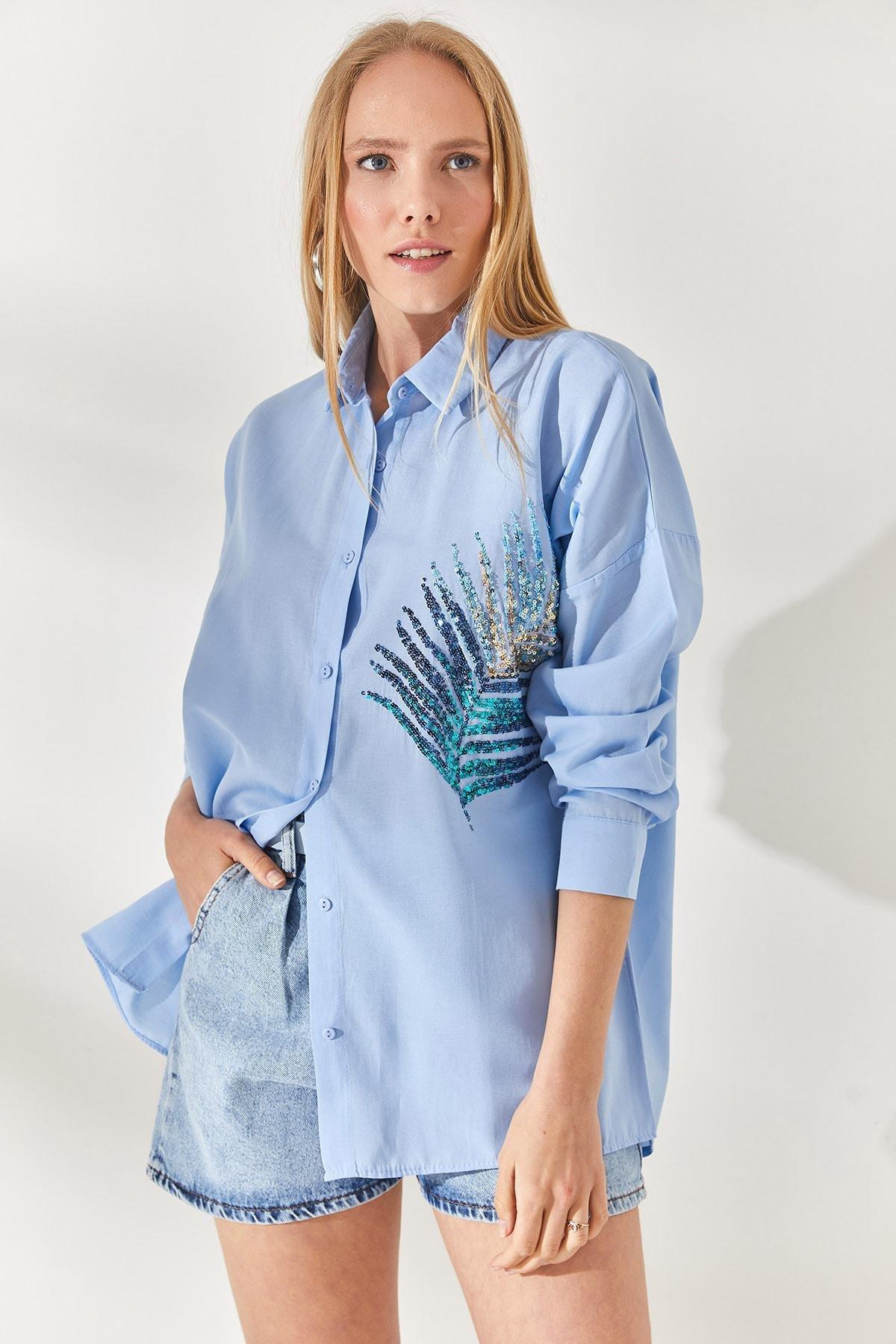 قميص بوبلن بنقشة نخيل مزينة بالترتر، أزرق, BABY BLUE, large image number 1