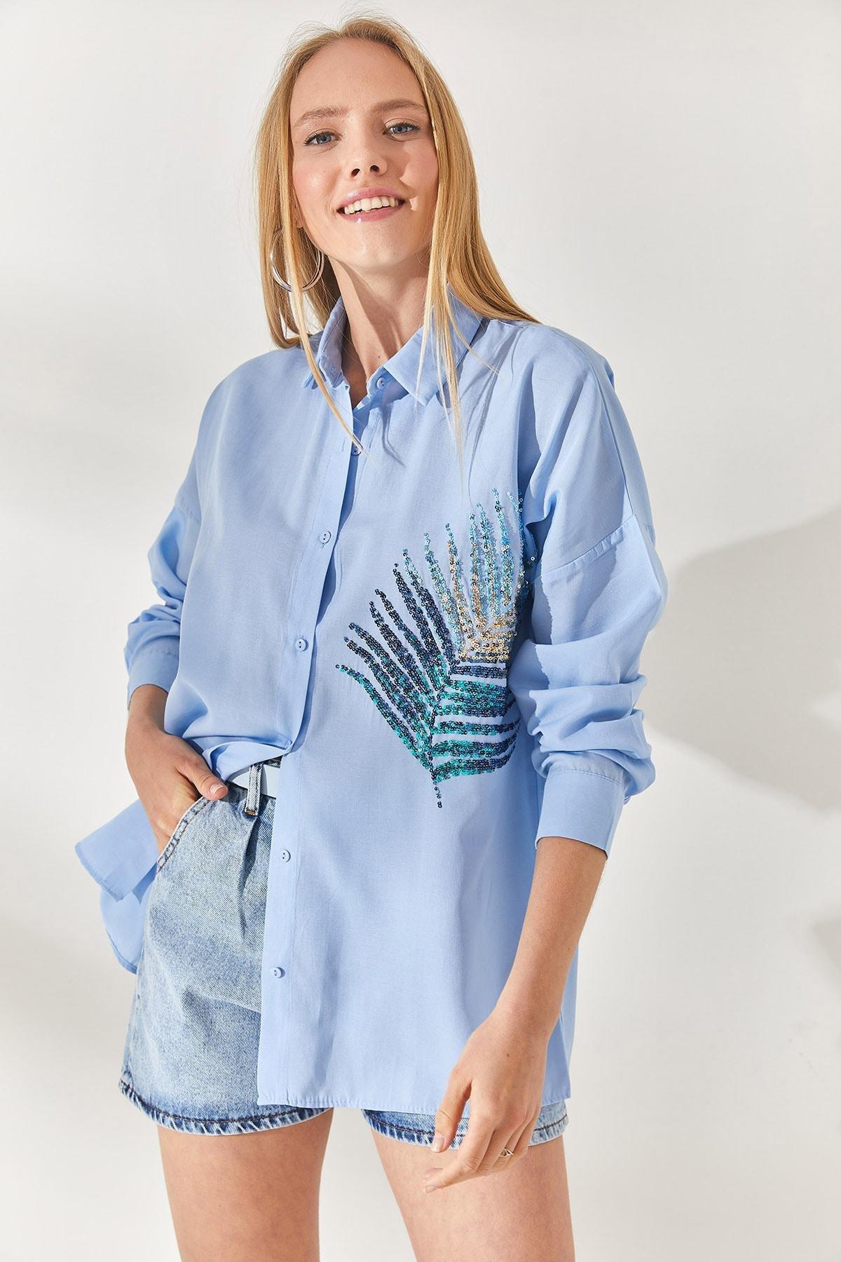 Blue Palm Sequin Poplin Shirt, BABY BLUE, medium