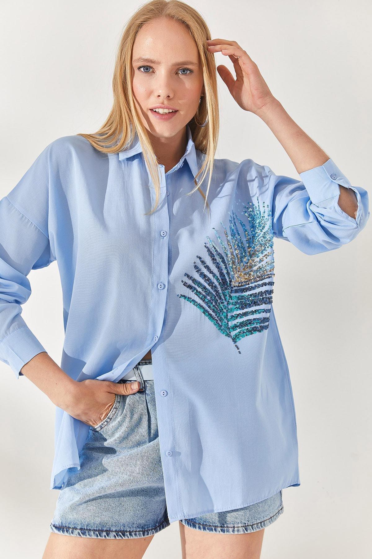 Blue Palm Sequin Poplin Shirt, , large image number 3