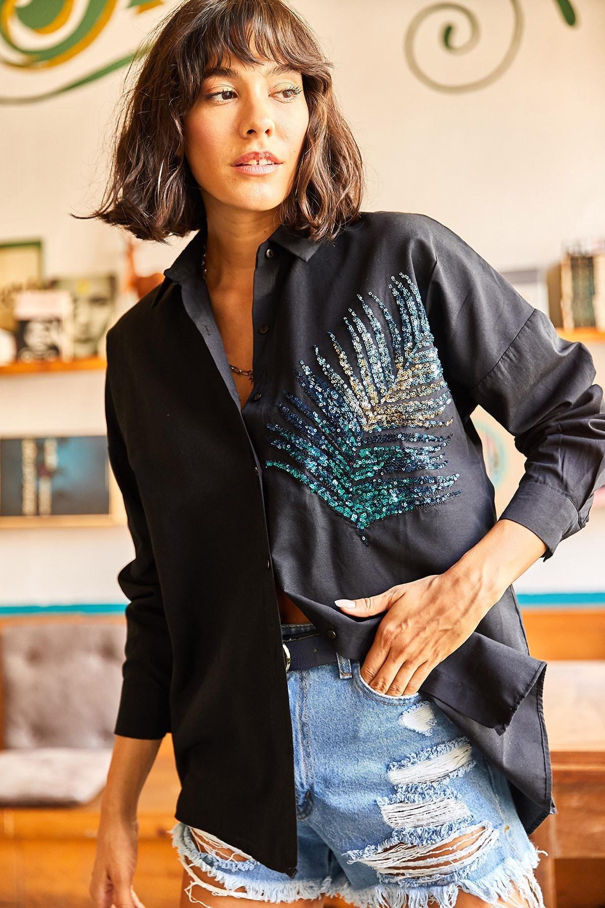 Black Sequined Oversized Woven Poplin Shirt, , large image number 0