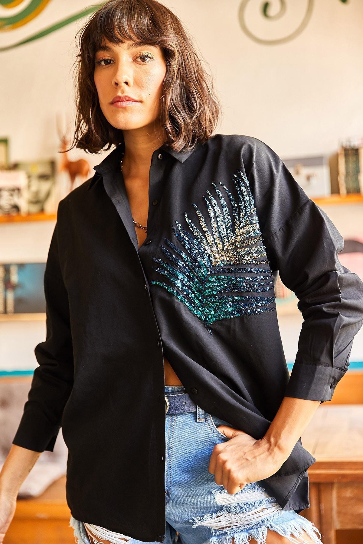 Black Sequined Oversized Woven Poplin Shirt, , large image number 1