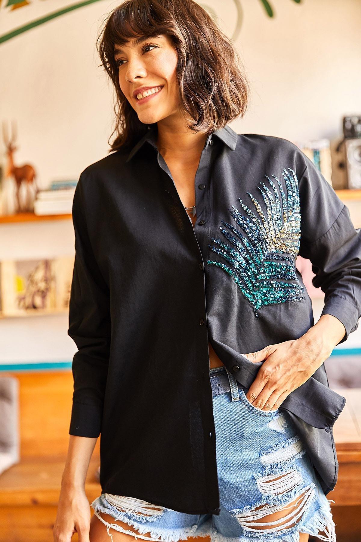 Black Sequined Oversized Woven Poplin Shirt, , large image number 2