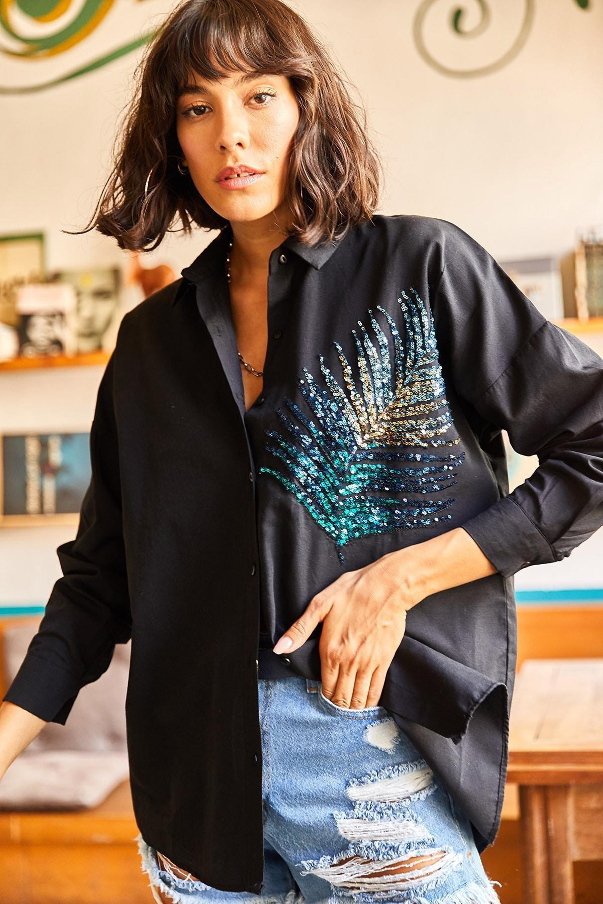 Black Sequined Oversized Woven Poplin Shirt, , large image number 3