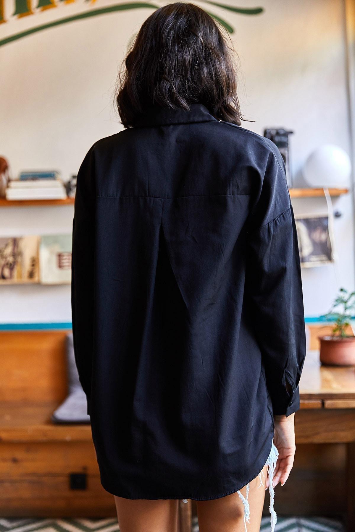 Black Sequined Oversized Woven Poplin Shirt, , large image number 4