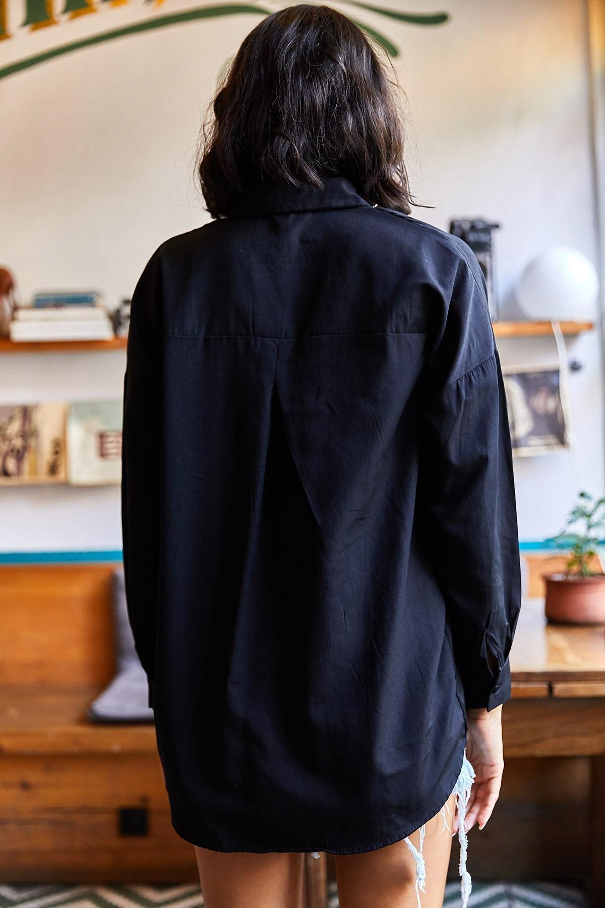 Olalook - Black Sequined Oversized Woven Poplin Shirt