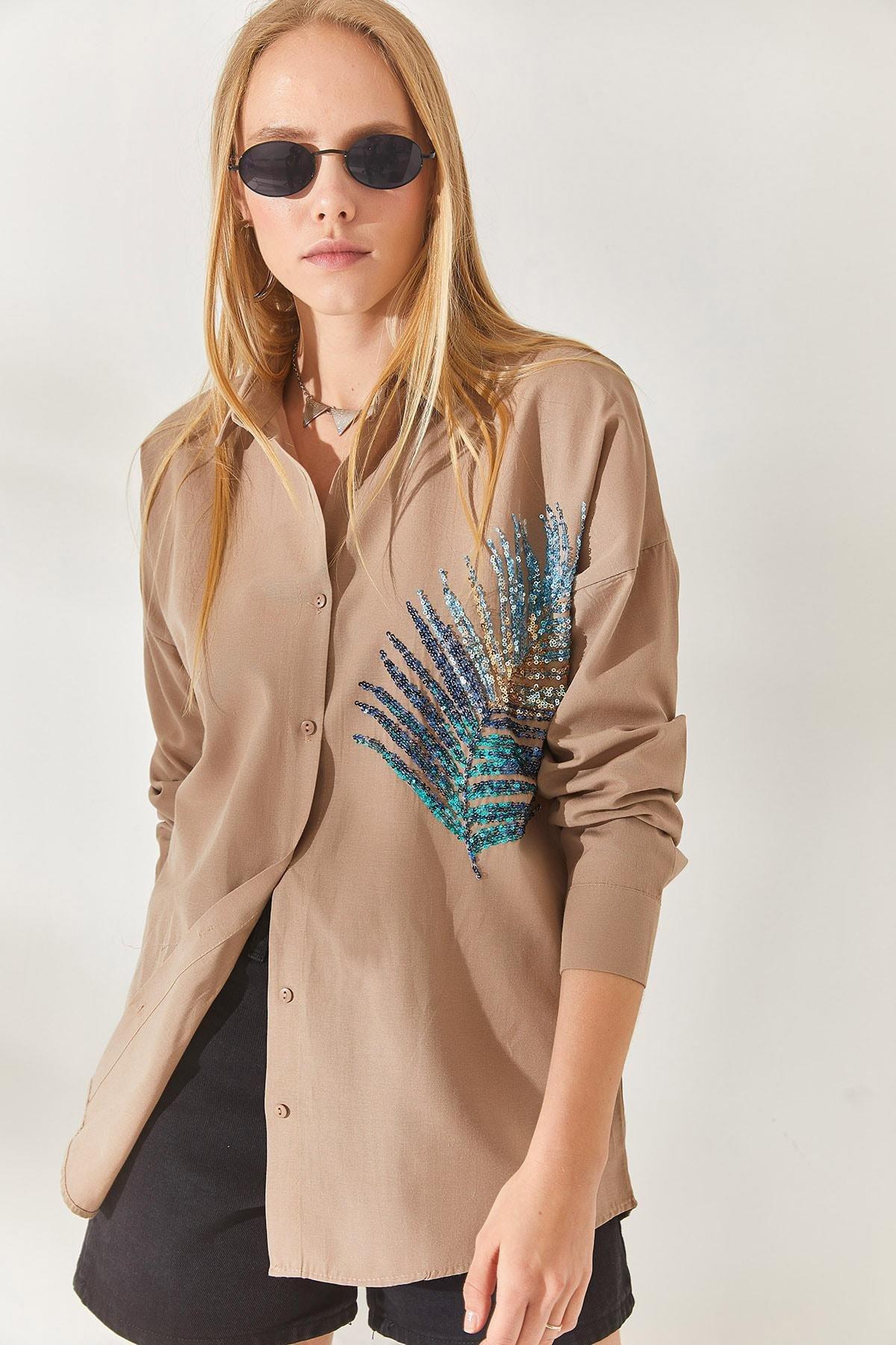 Brown Palm Sequin Detailed Oversized Shirt, Mink, large image number 0
