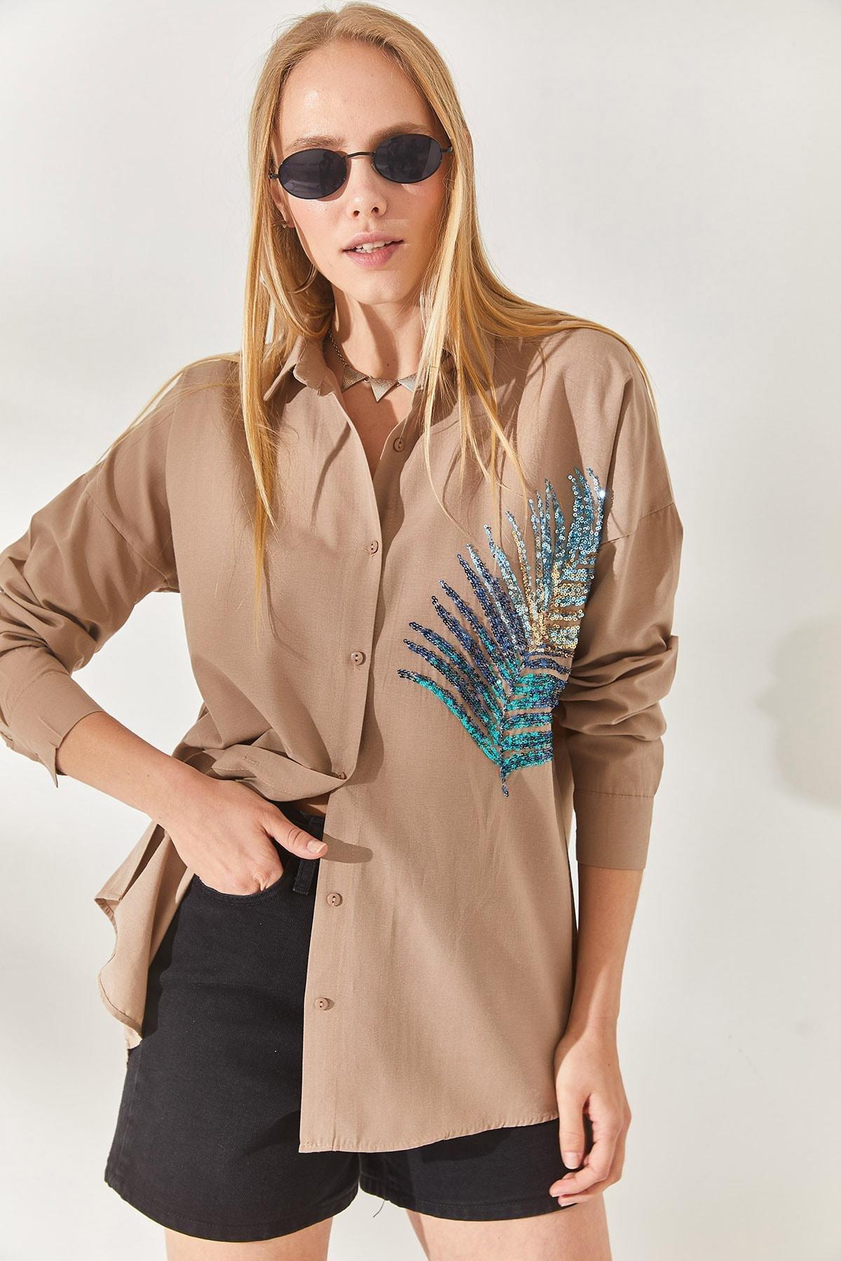 Brown Palm Sequin Detailed Oversized Shirt, Mink, large image number 1