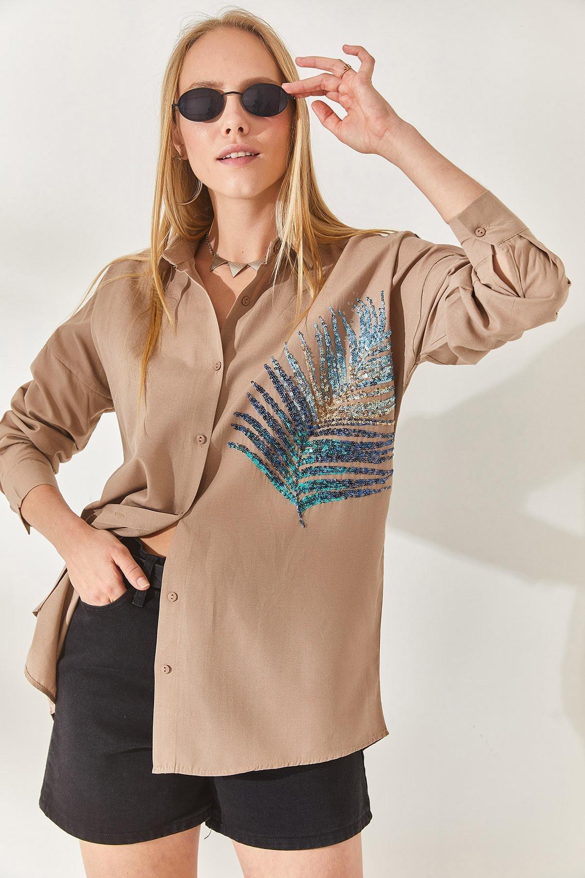 Brown Palm Sequin Detailed Oversized Shirt, Mink, large image number 2