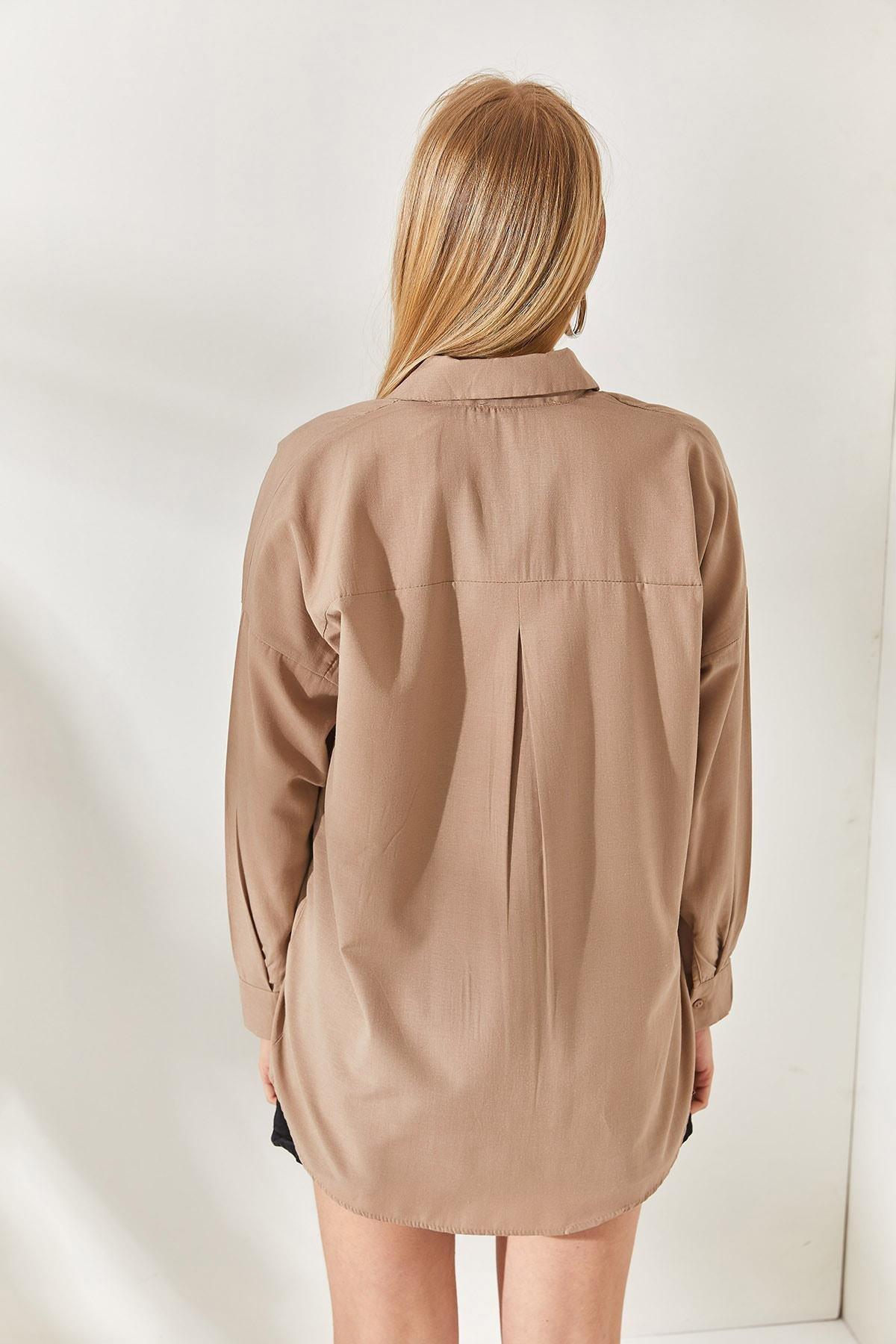 Brown Palm Sequin Detailed Oversized Shirt, Mink, large image number 4