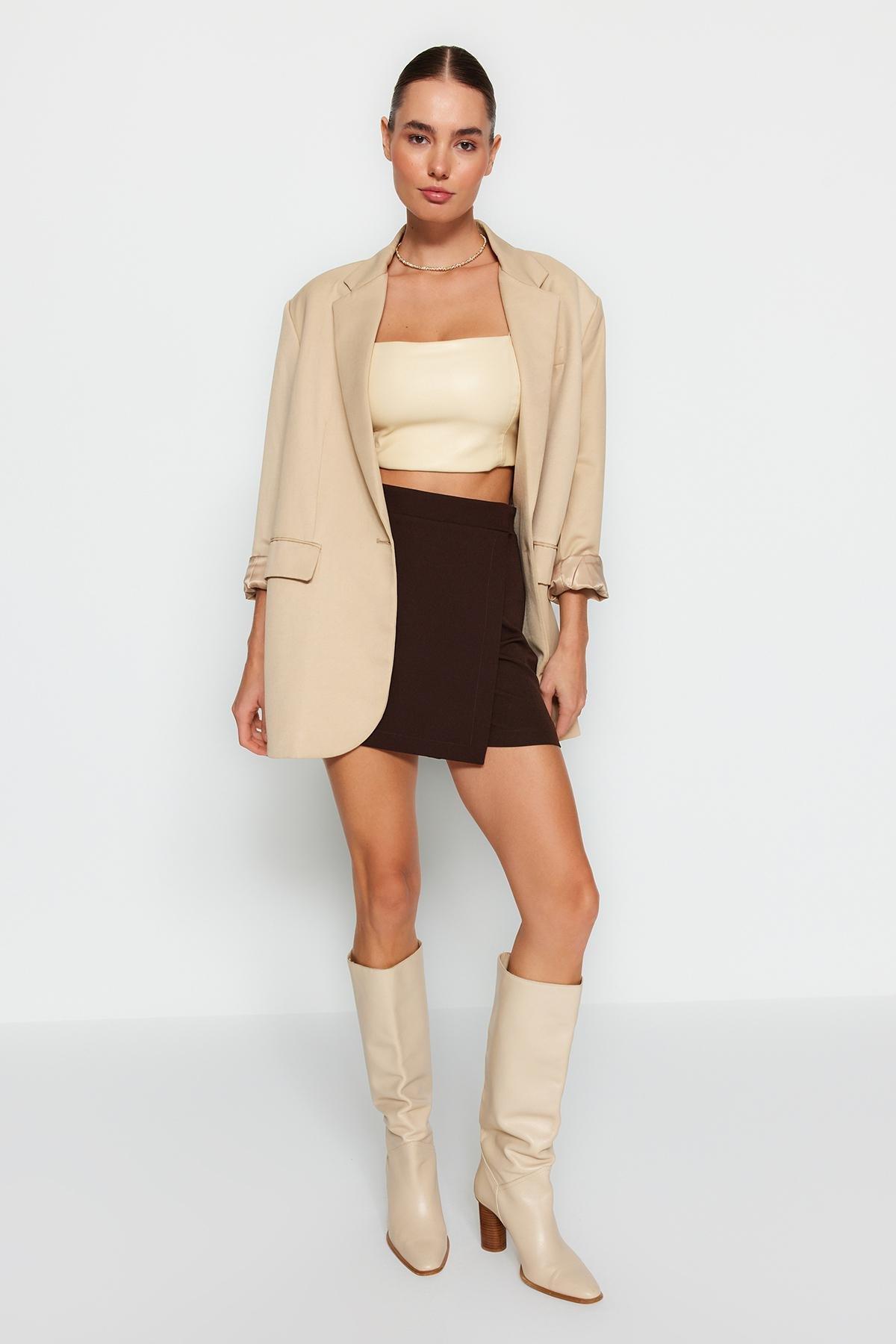Brown Double-Breasted Woven Skort, , large image number 1