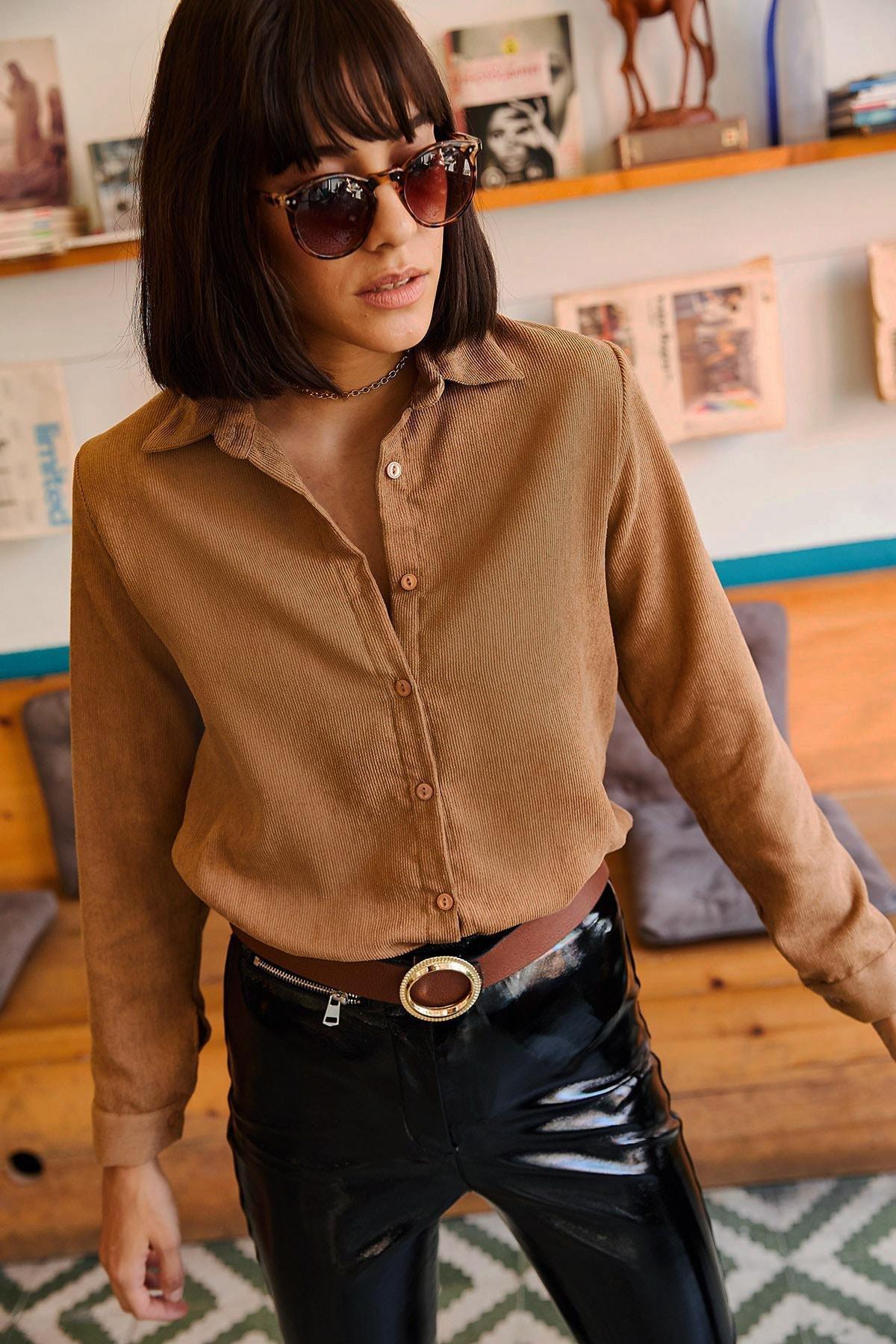 Beige Slim Corduroy Shirt, , medium
