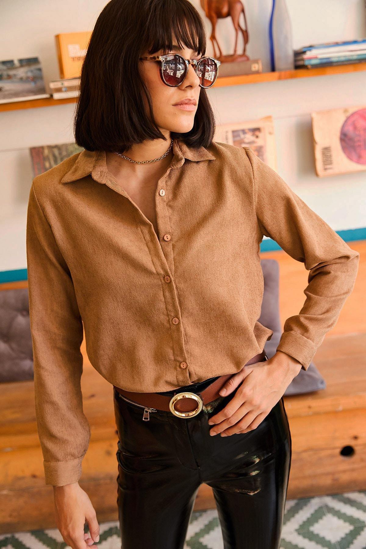 Beige Slim Corduroy Shirt, , large image number 1