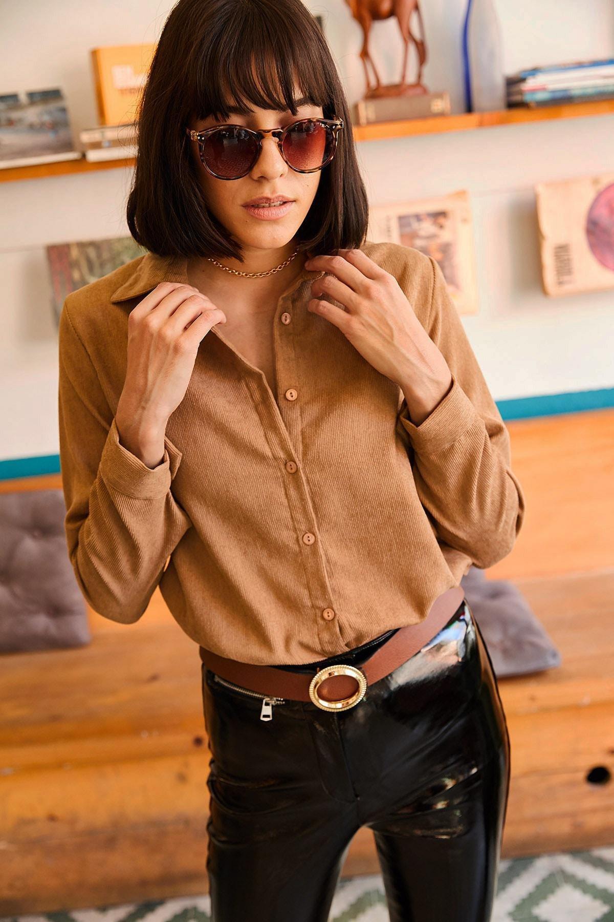 Beige Slim Corduroy Shirt, , large image number 3