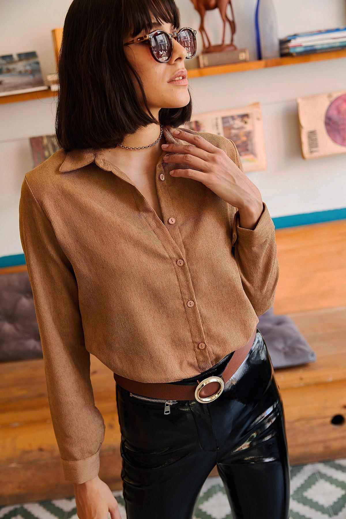 Beige Slim Corduroy Shirt, , large image number 4