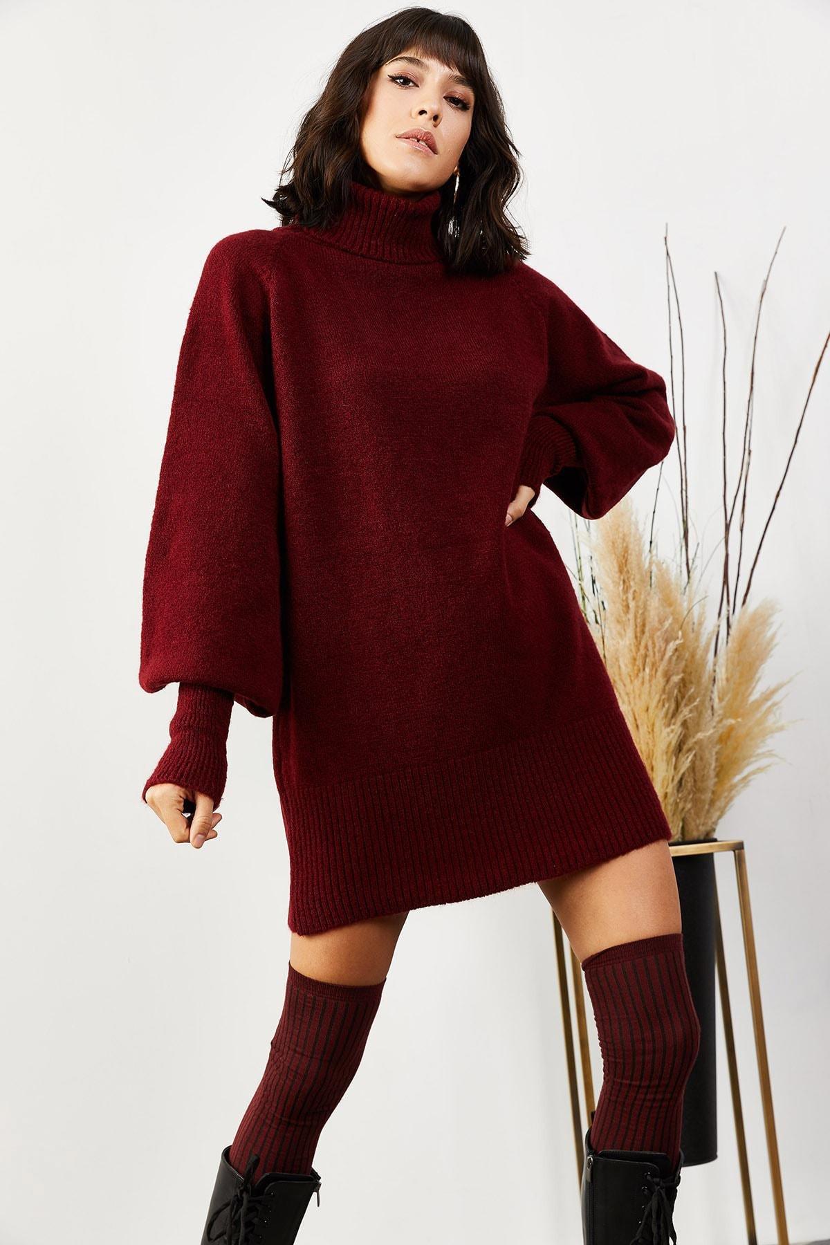 Burgundy Turtleneck Dress, Burgundy, large image number 0