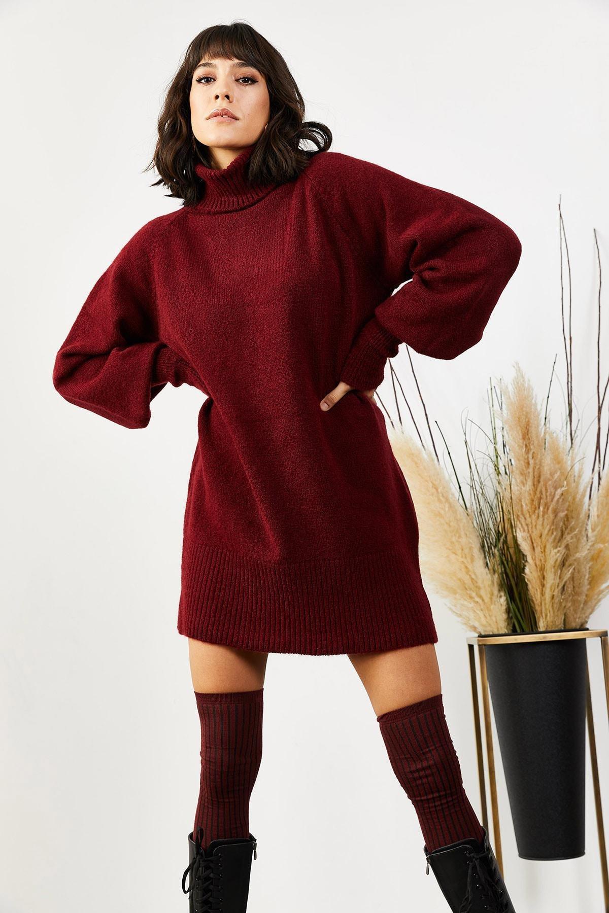 Burgundy Turtleneck Dress, Burgundy, large image number 1