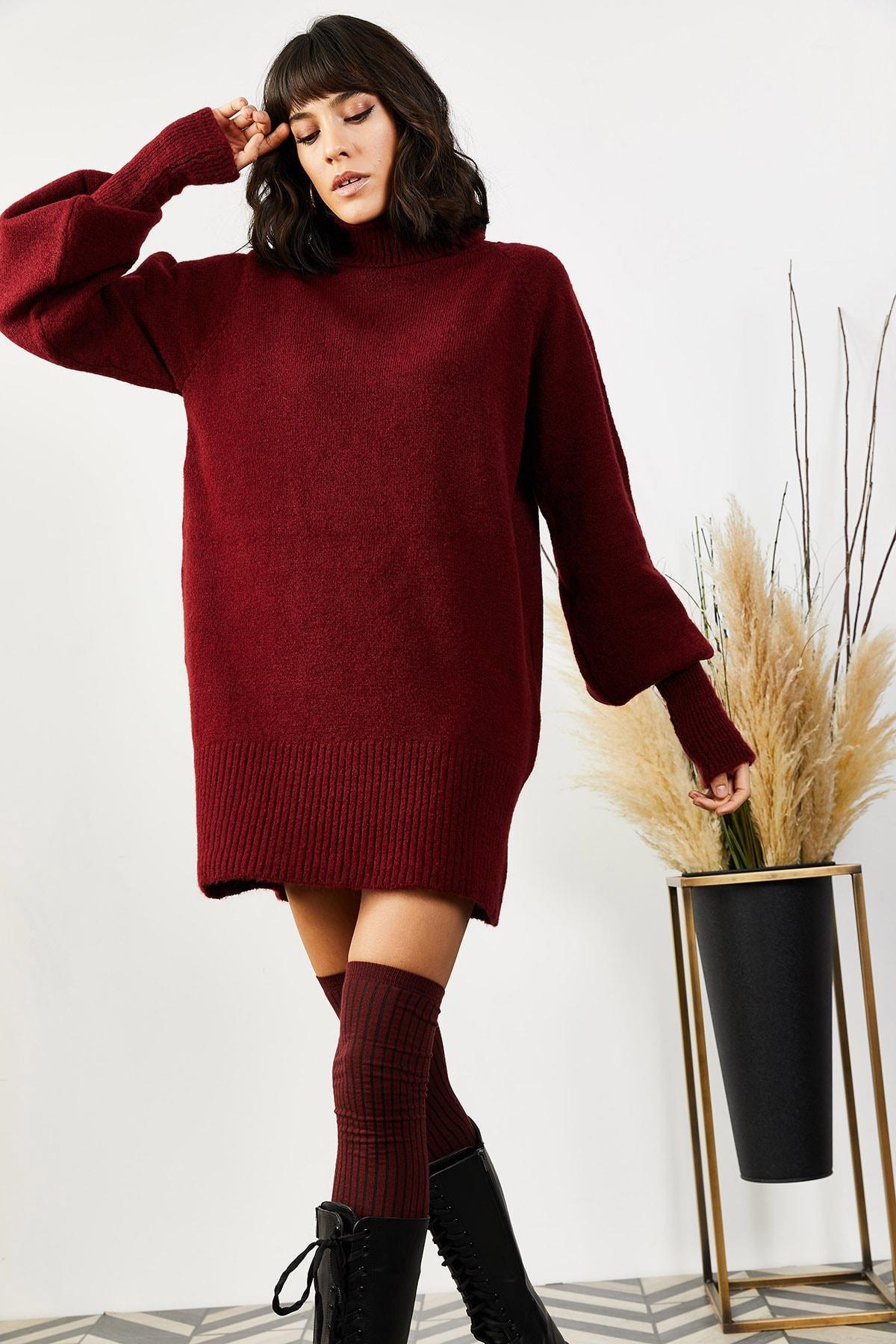 Burgundy Turtleneck Dress, Burgundy, large image number 2