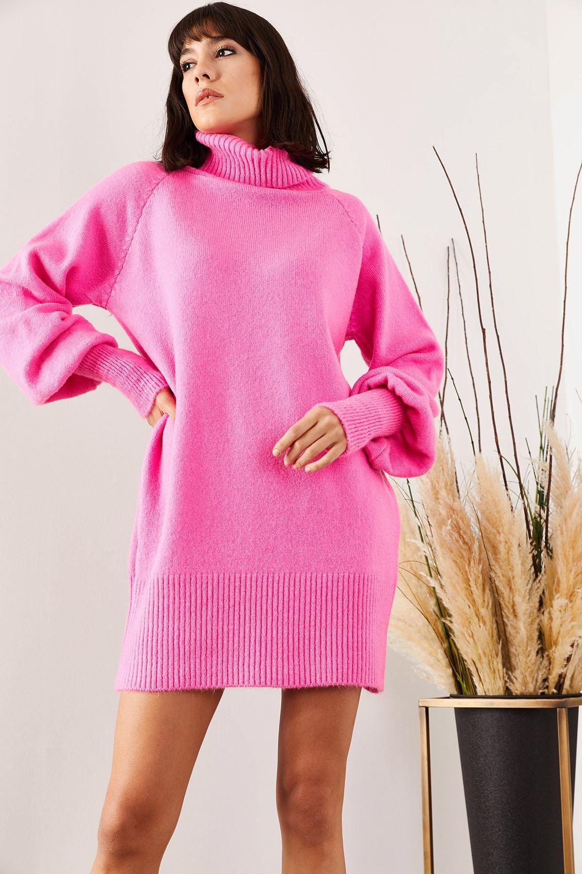 Pink Turtleneck Dress, Fuchsia, large image number 2