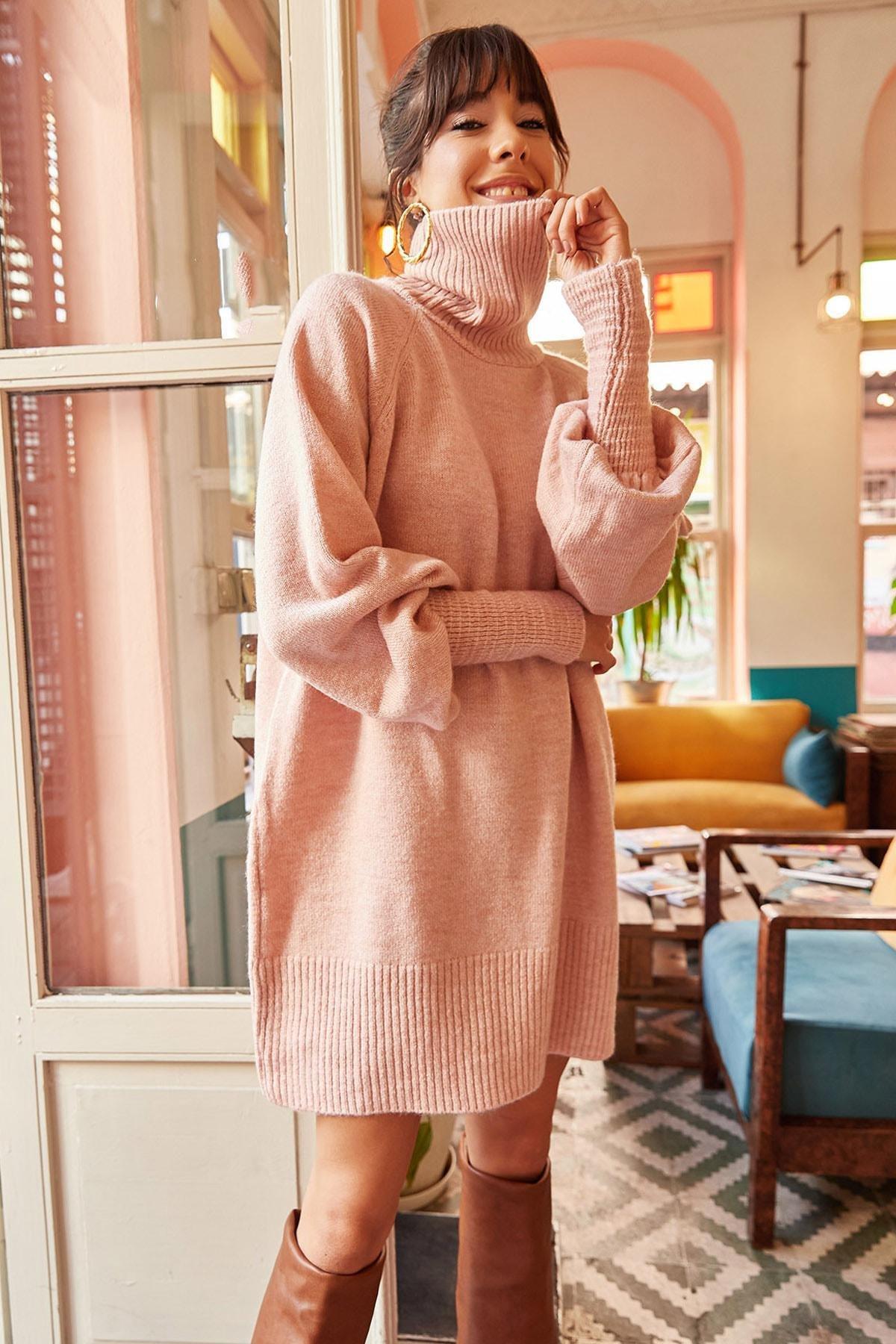 Pink Turtleneck Balloon Sleeves Knitwear Dress, POWDER, large image number 0
