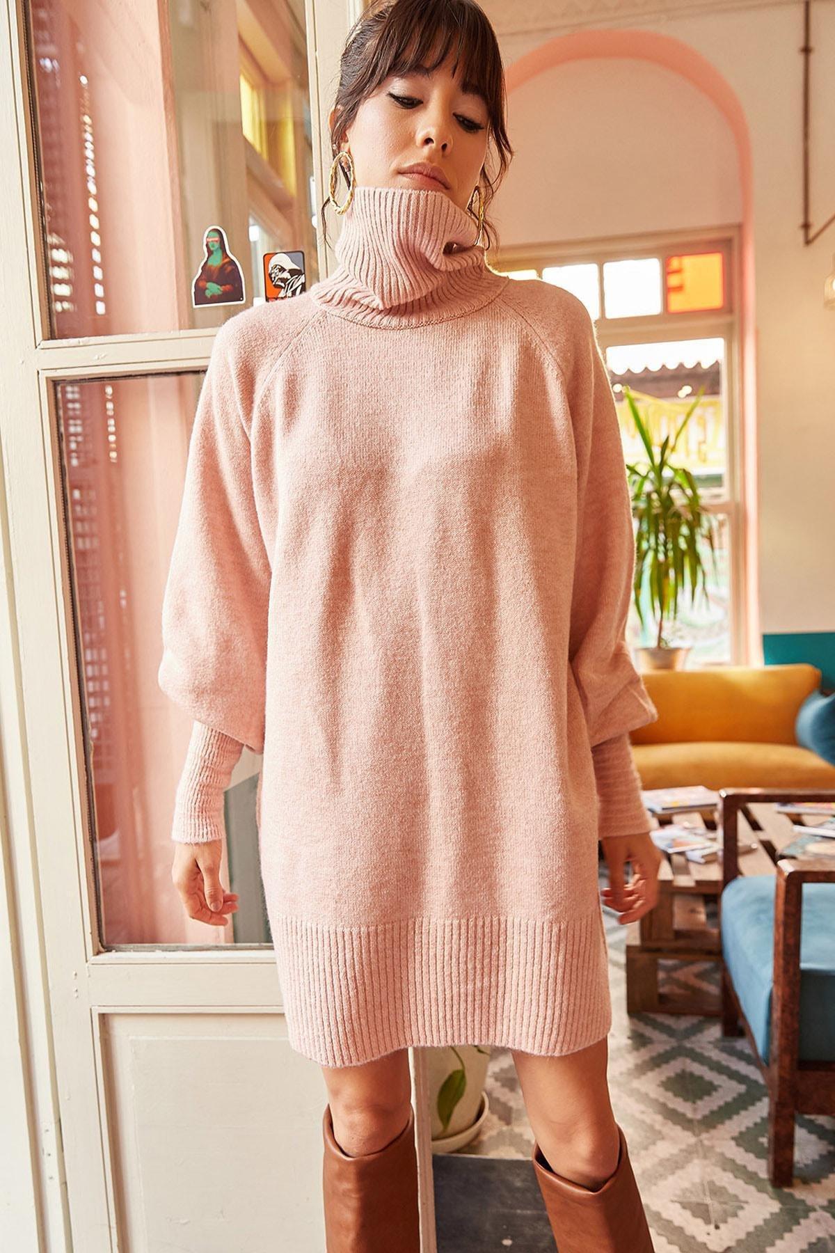 Pink Turtleneck Balloon Sleeves Knitwear Dress, POWDER, large image number 2