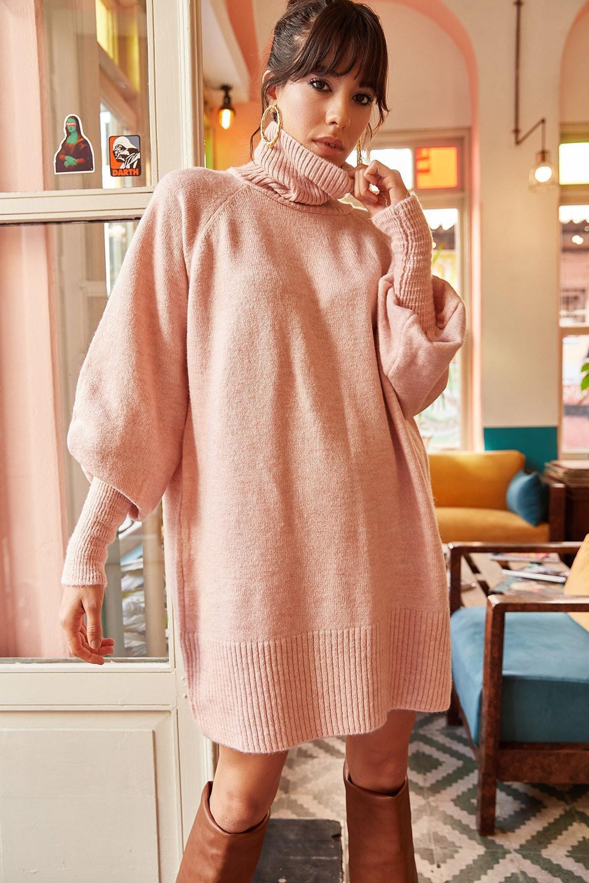 Pink Turtleneck Balloon Sleeves Knitwear Dress, POWDER, large image number 3