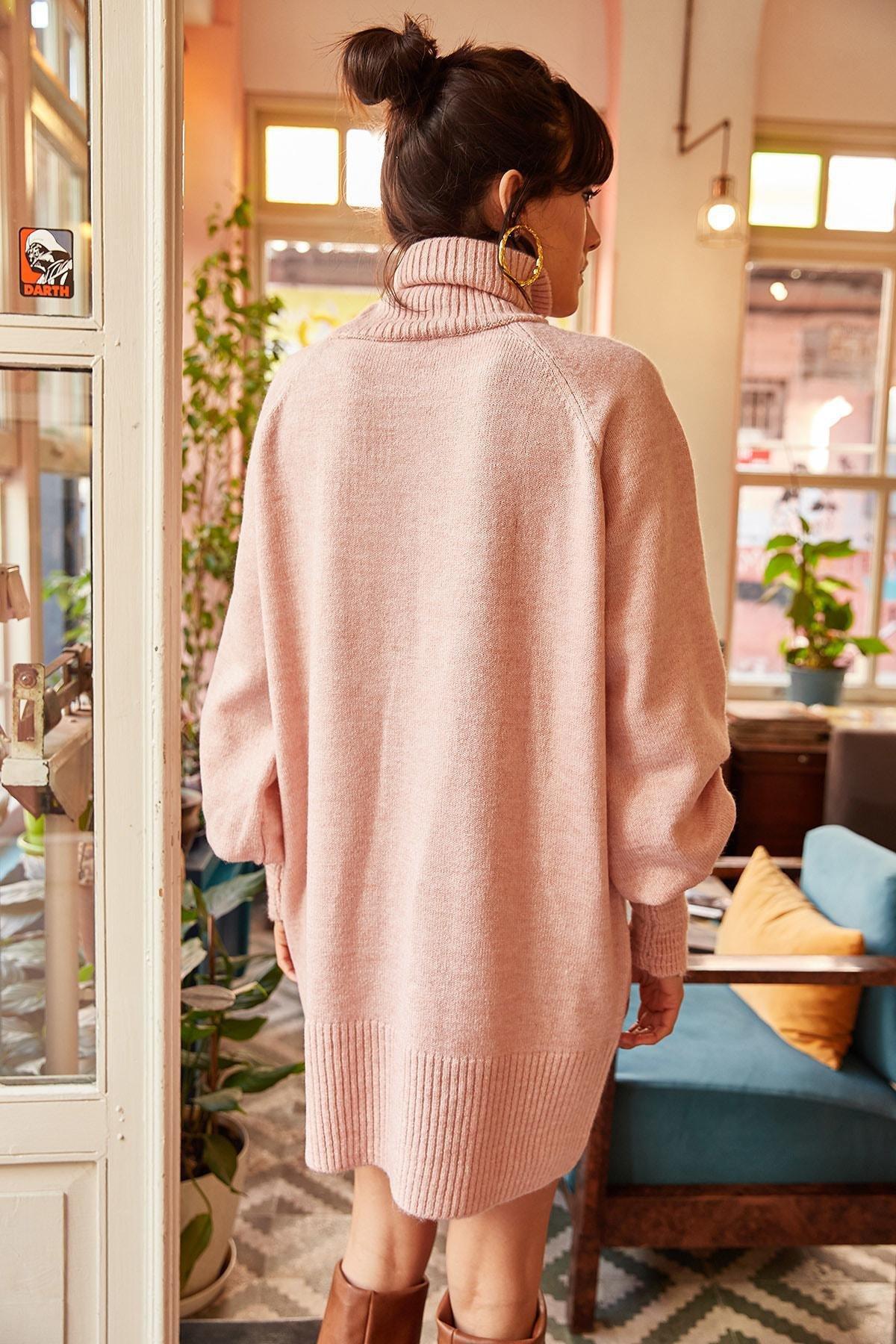 Pink Turtleneck Balloon Sleeves Knitwear Dress, POWDER, large image number 4