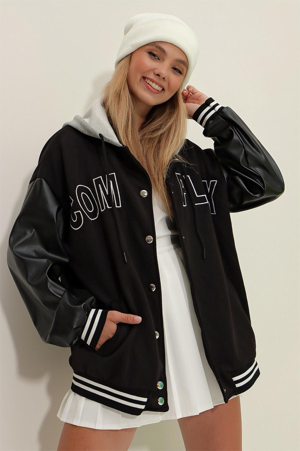 Black Hooded Leather Block College Jacket, Black, large image number 0