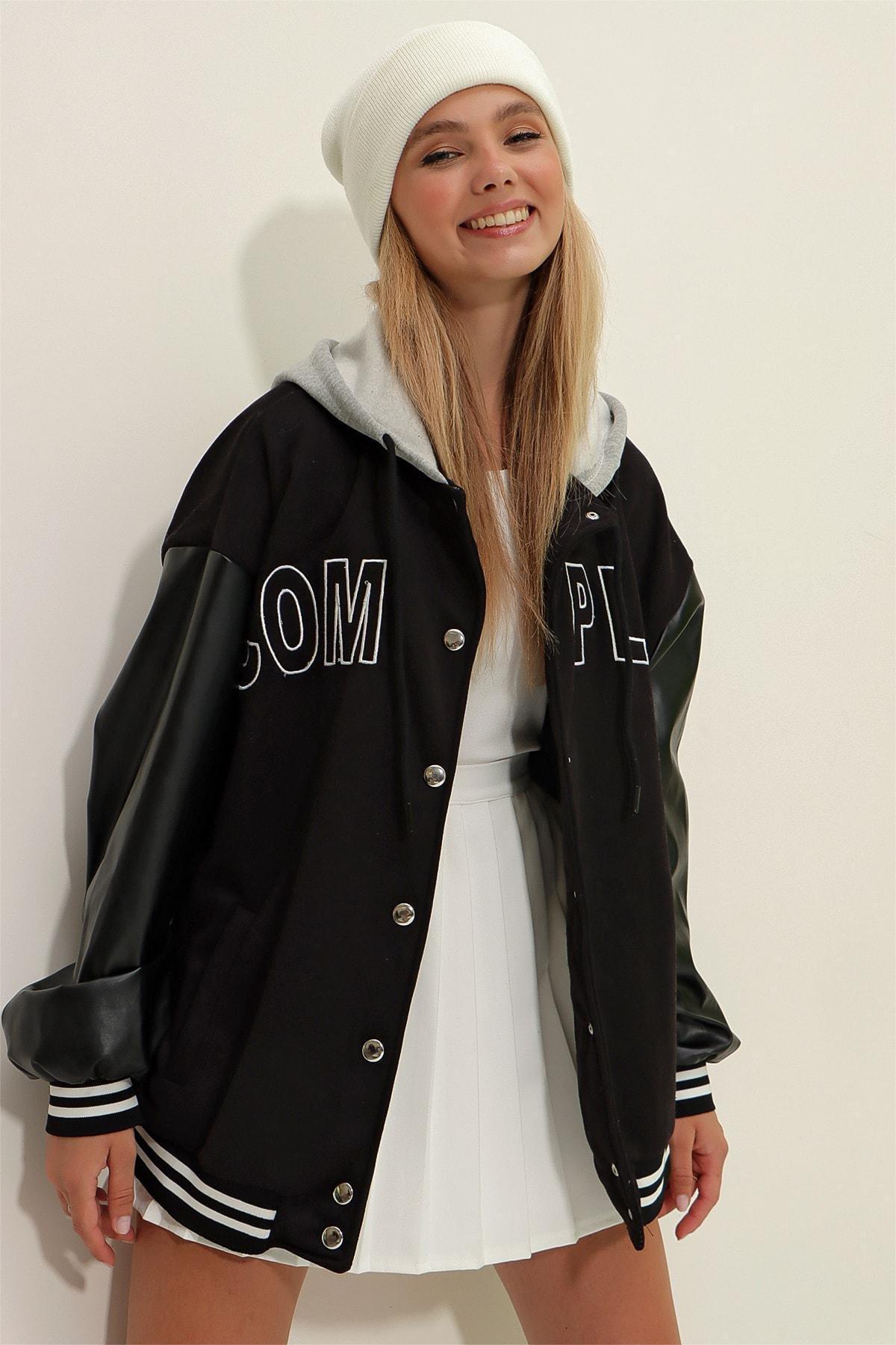 Black Hooded Leather Block College Jacket, Black, large image number 1