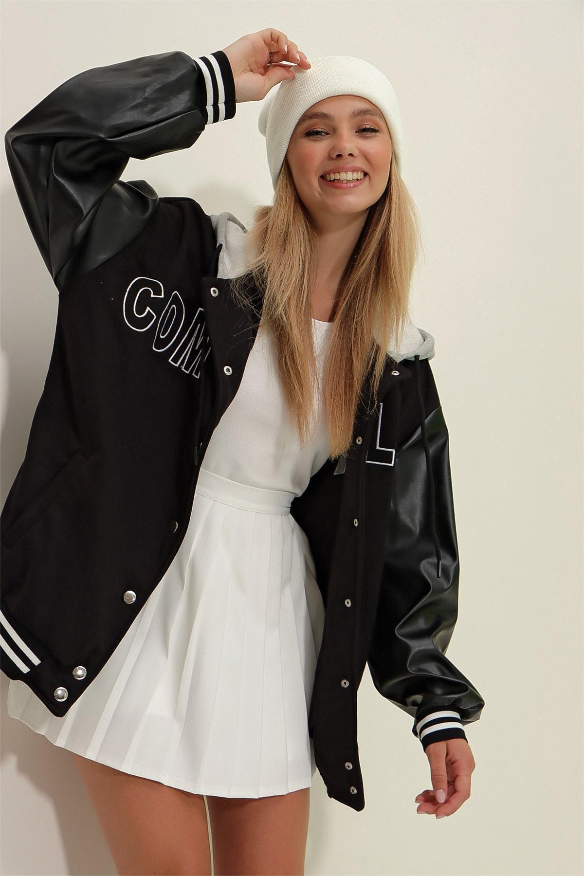 Black Hooded Leather Block College Jacket, Black, large image number 2