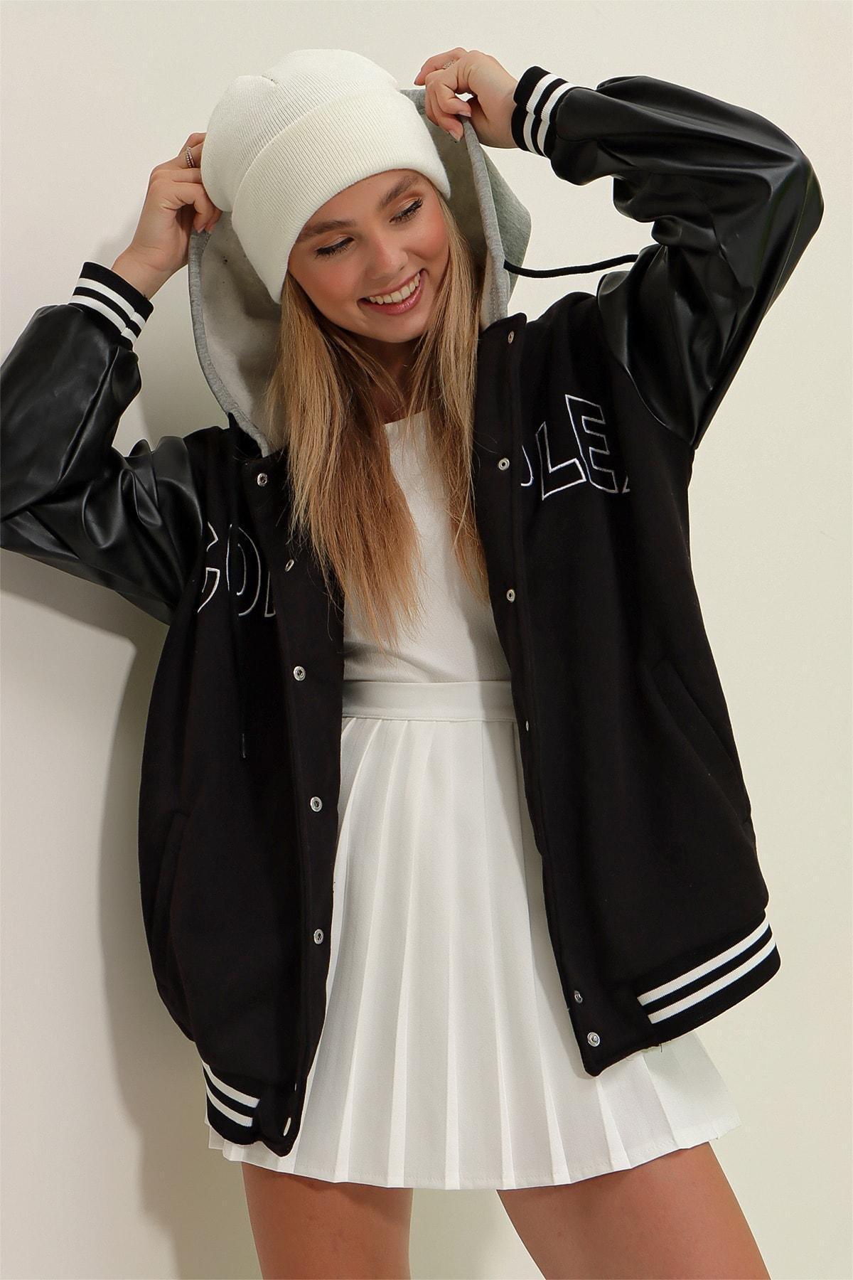 Black Hooded Leather Block College Jacket, Black, large image number 3