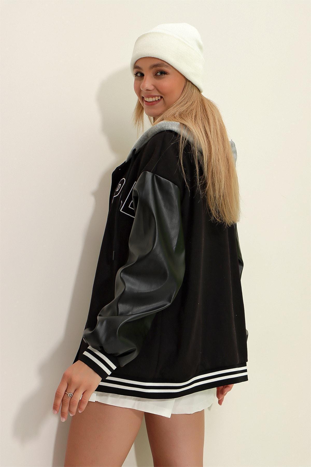 Black Hooded Leather Block College Jacket, Black, large image number 4