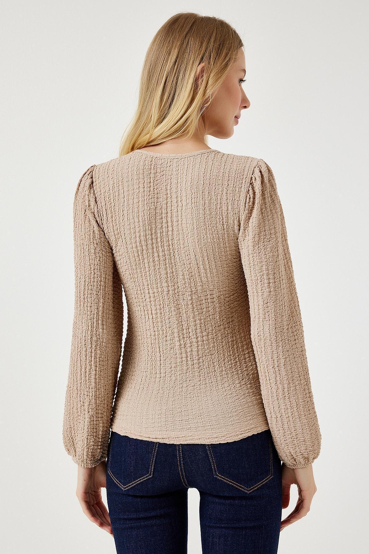 بلوزة بأكمام منفوخة وقصة سليم فت، بيج, Cream, large image number 4