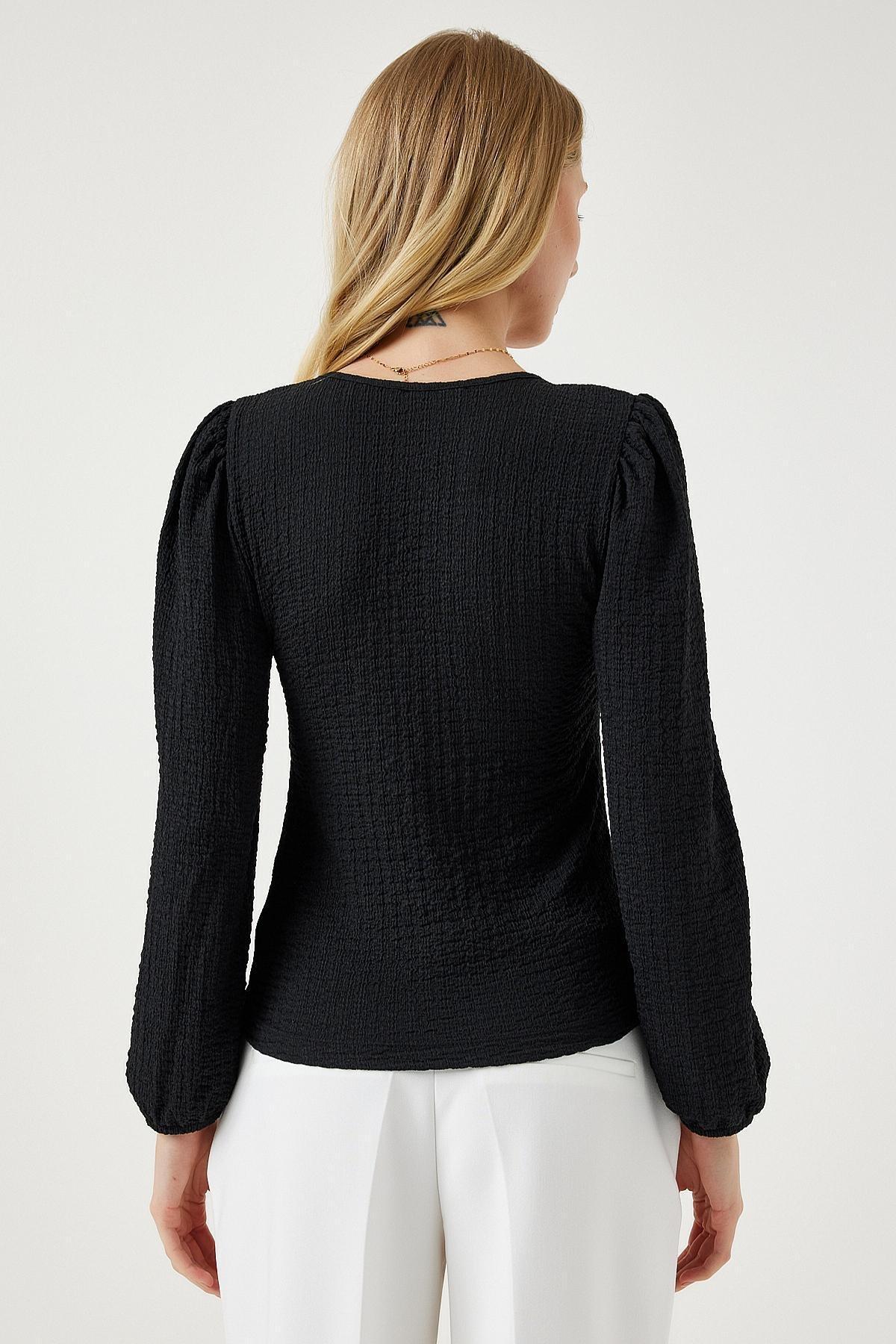 Black Slim Balloon Sleeve Blouse, BLACK, large image number 4