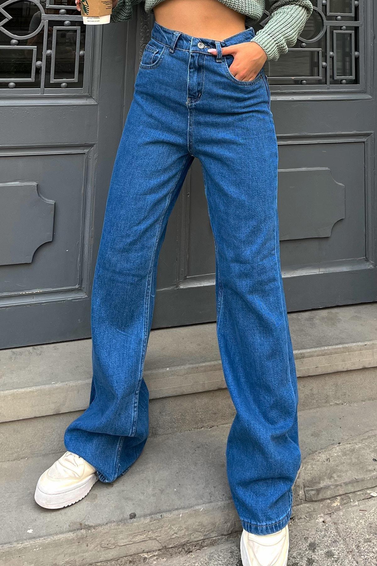 Womens Dark Blue High Waist Five Pockets Wide Leg Jeans ZR00005, single, Blue, large image number 0