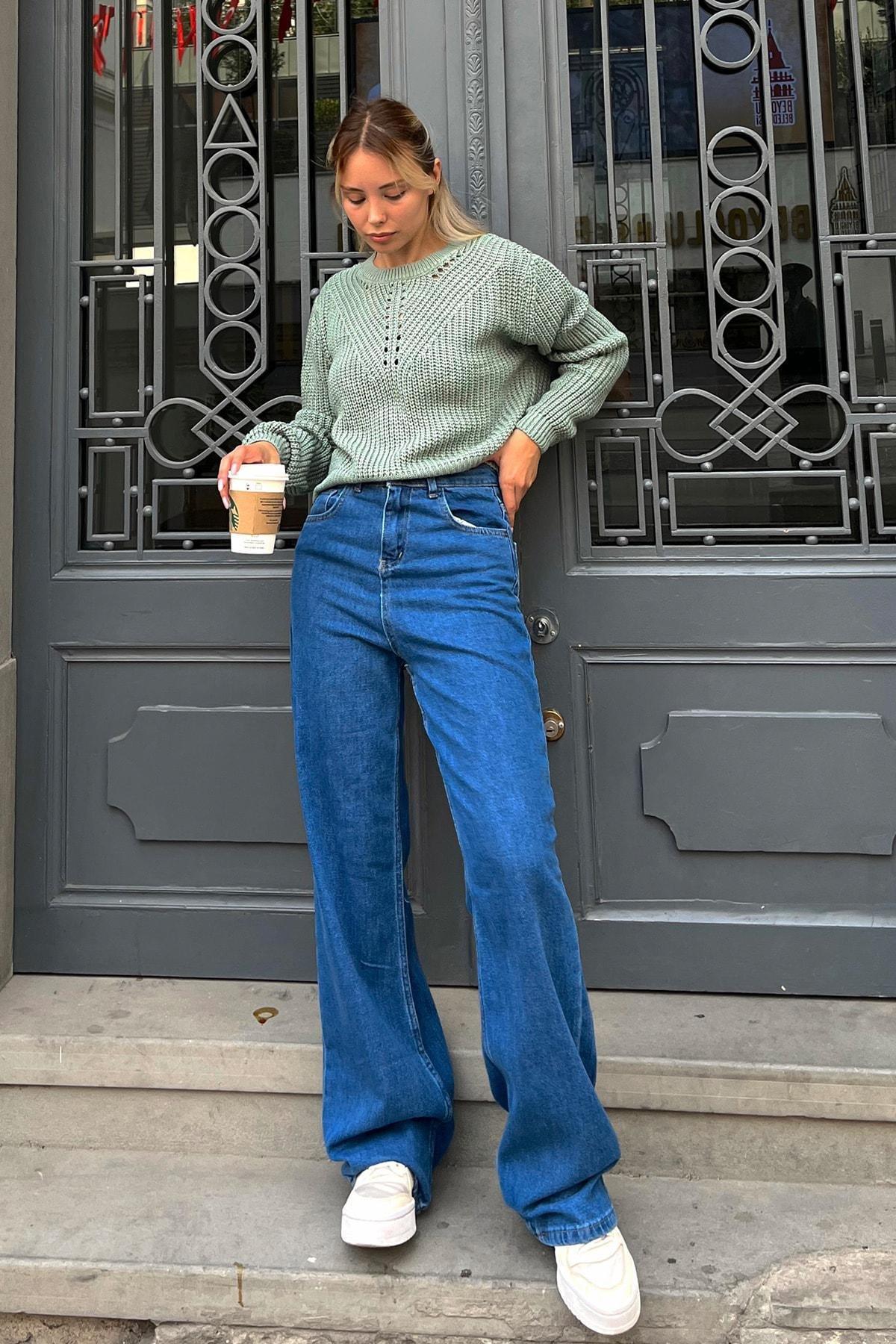 Womens Dark Blue High Waist Five Pockets Wide Leg Jeans ZR00005, single, Blue, large image number 3