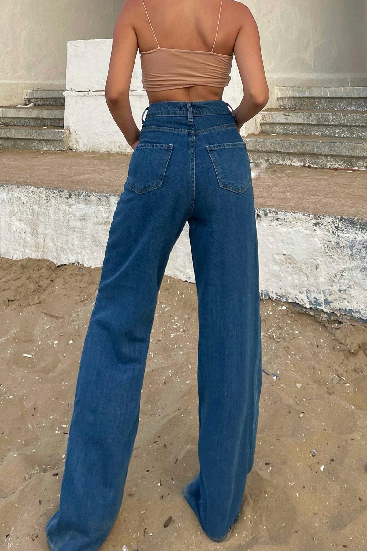 Womens Dark Blue High Waist Five Pockets Wide Leg Jeans ZR00005, single, Blue, large image number 4