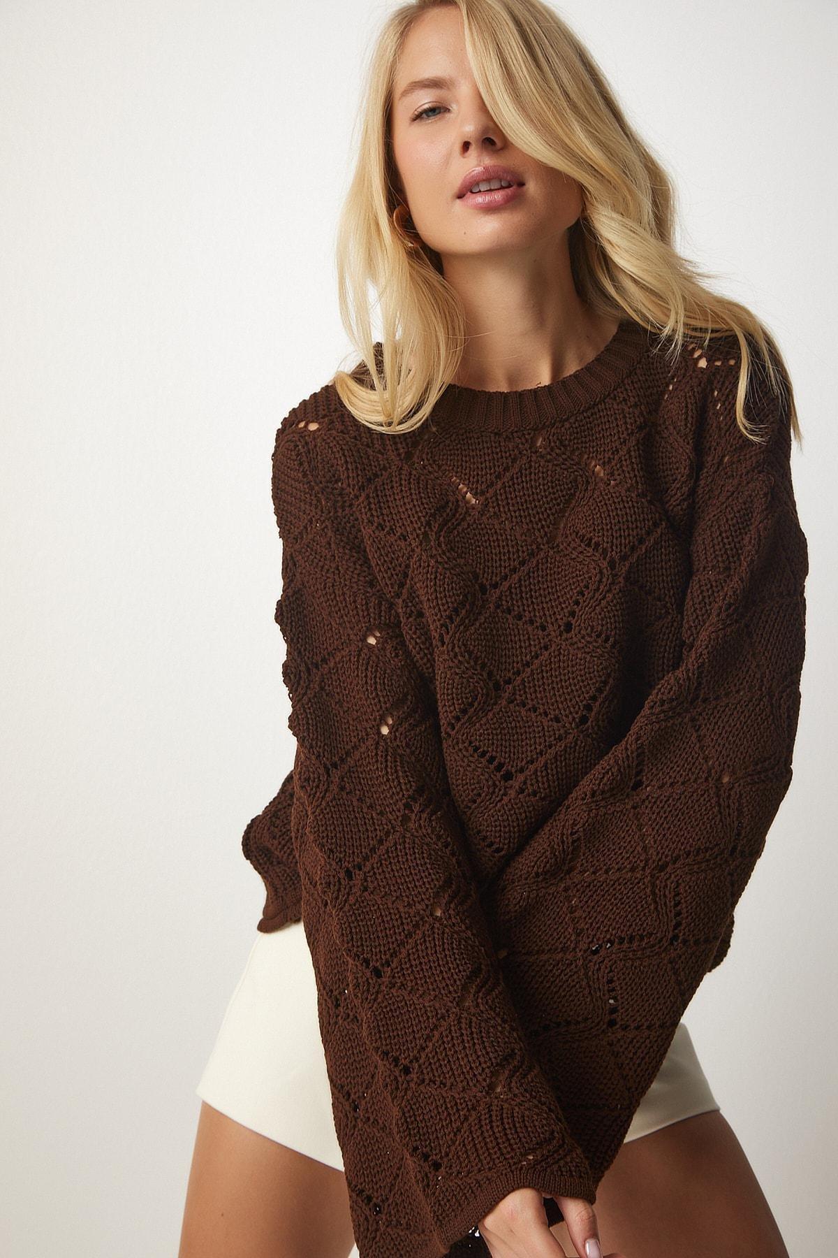 Brown Patterned Openwork Knitwear Sweater, Brown, large image number 0