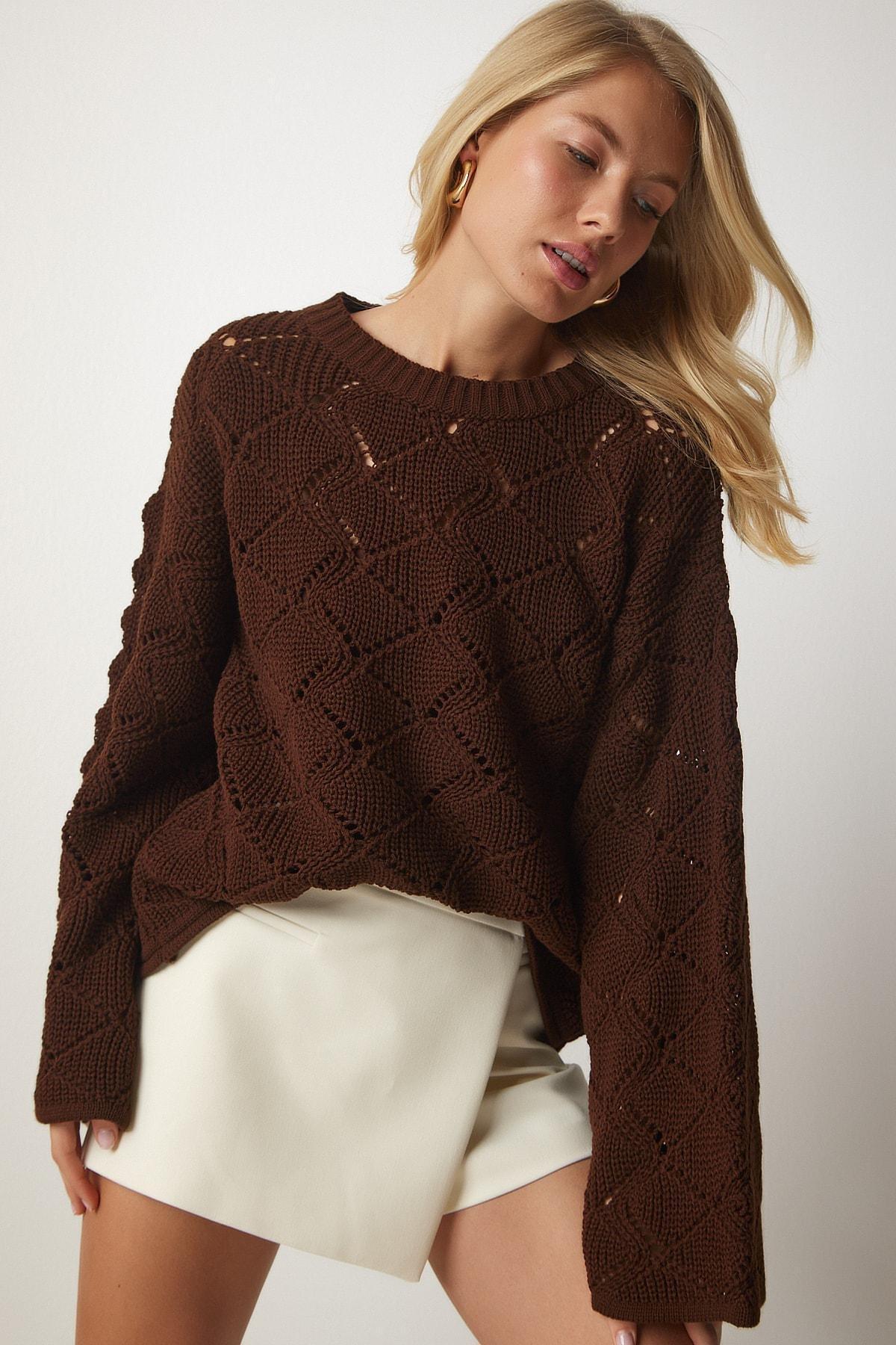 Brown Patterned Openwork Knitwear Sweater, Brown, large image number 1