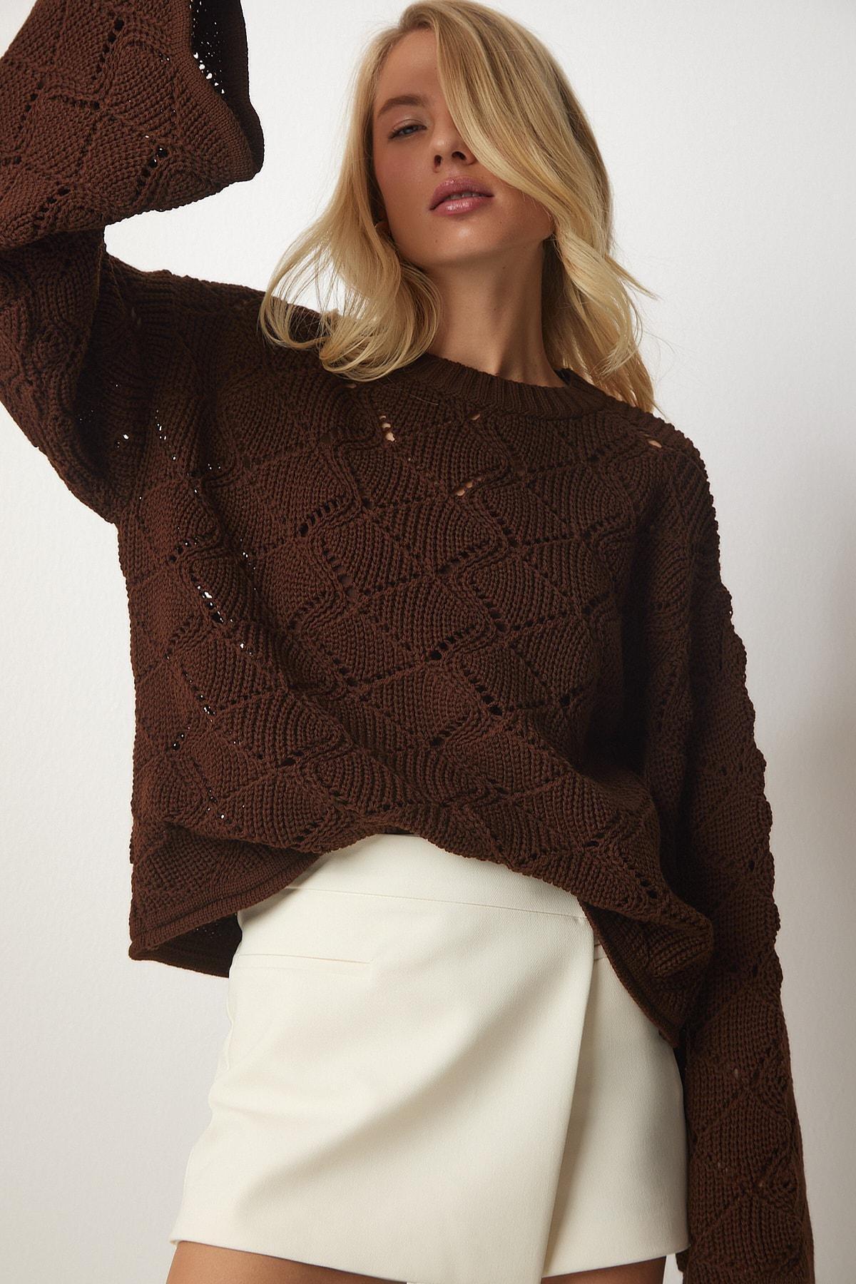 Brown Patterned Openwork Knitwear Sweater, Brown, large image number 2