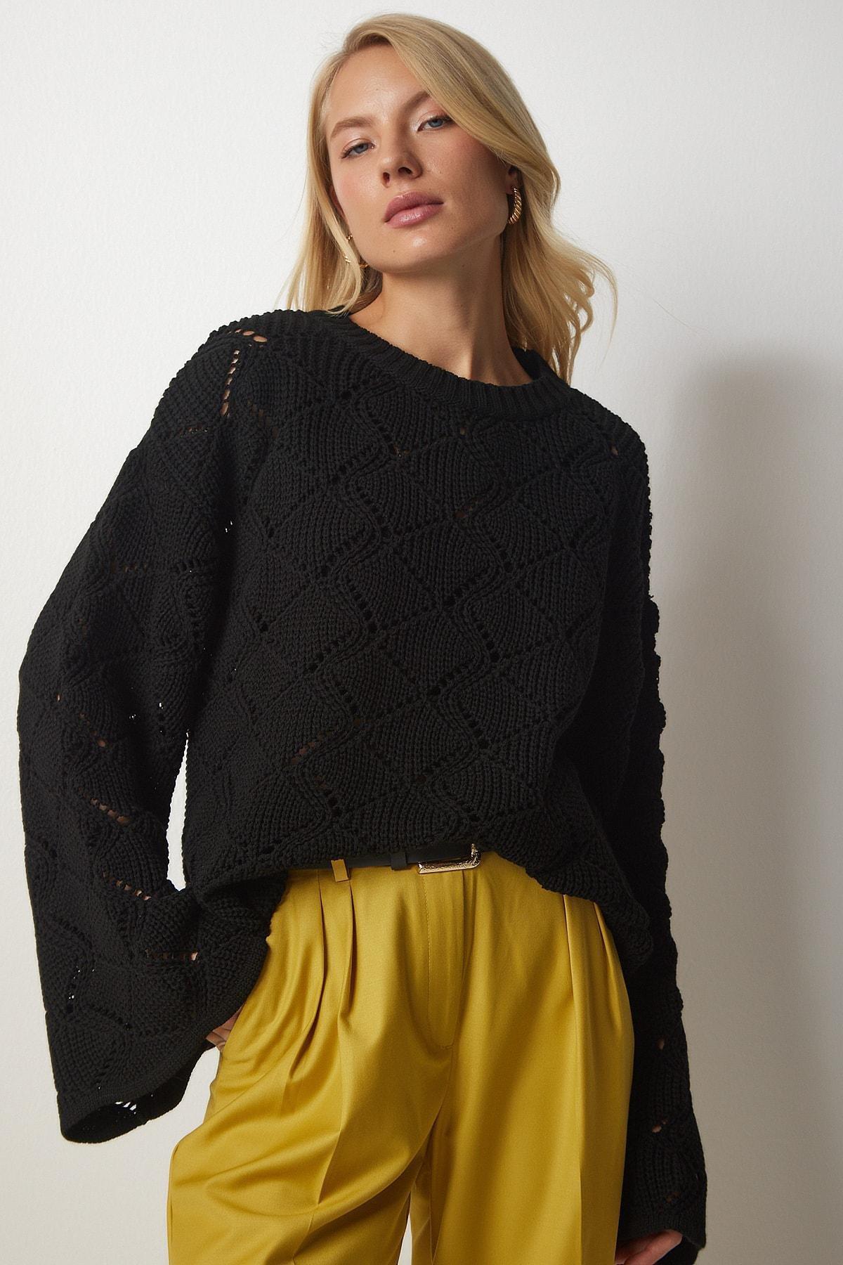 Black Patterned Openwork Sweater, BLACK, large image number 1