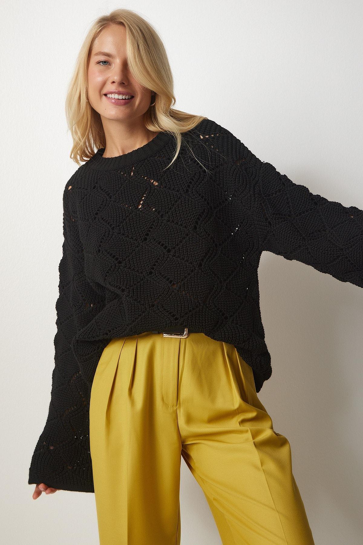 Black Patterned Openwork Sweater, BLACK, large image number 2