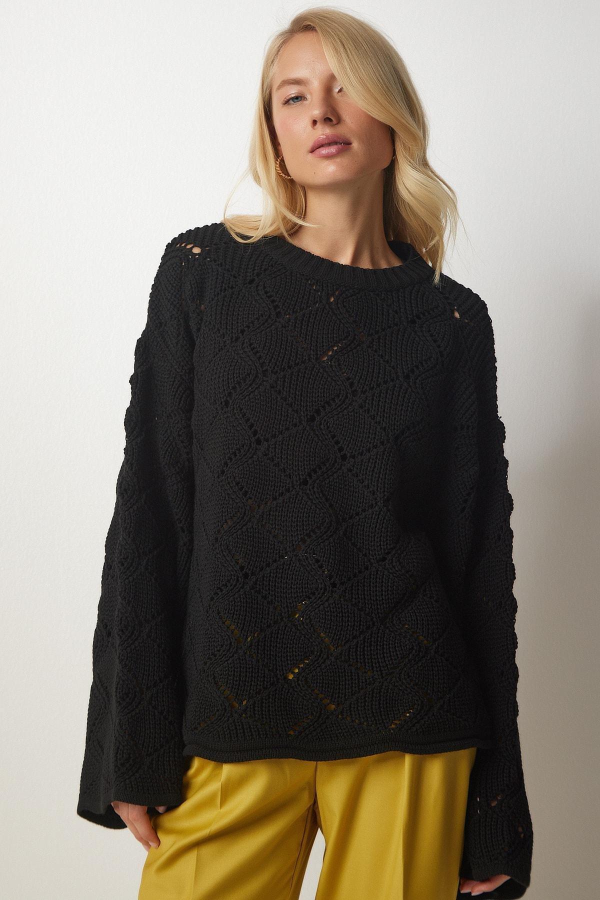 Black Patterned Openwork Sweater, BLACK, large image number 3
