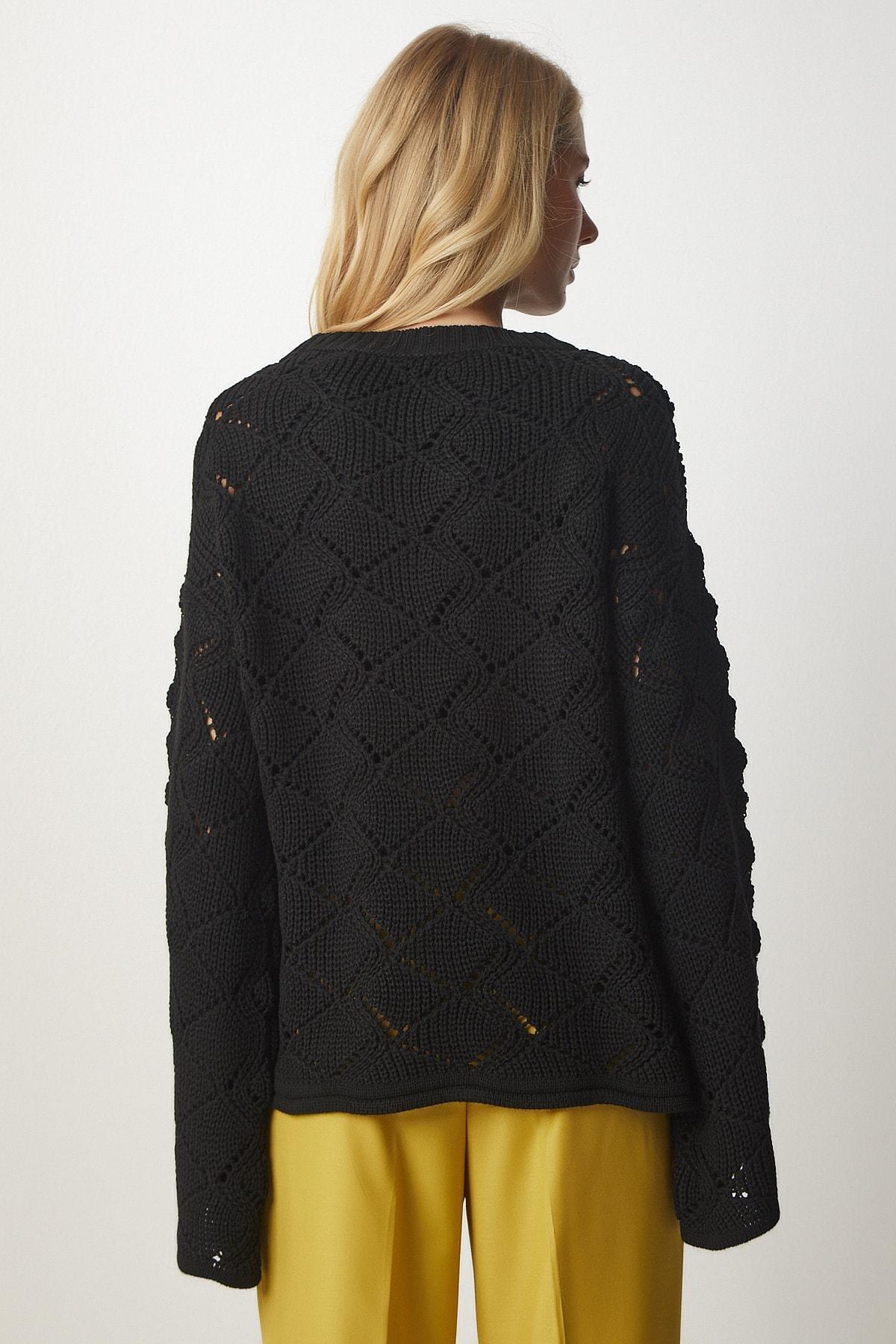 Black Patterned Openwork Sweater, BLACK, large image number 4